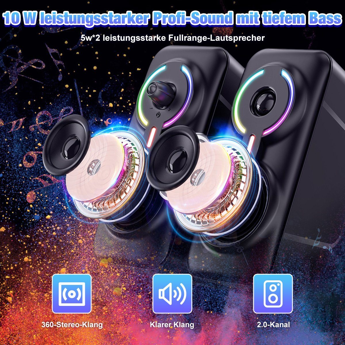 & Bluetooth-Speaker (10 Play, AUX 3,5mm Bluetooth Plug Klinke) W, und Bass, 5.3 2.0 Deep 7Magic