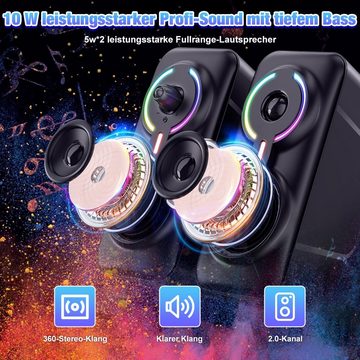 VSIUO 2.0 PC-Lautsprecher (Bluetooth, 3,5 mm AUX Klinke, 10 W, Boxen mit USB-Stromversorgung, RGB LED Licht Speaker Set)