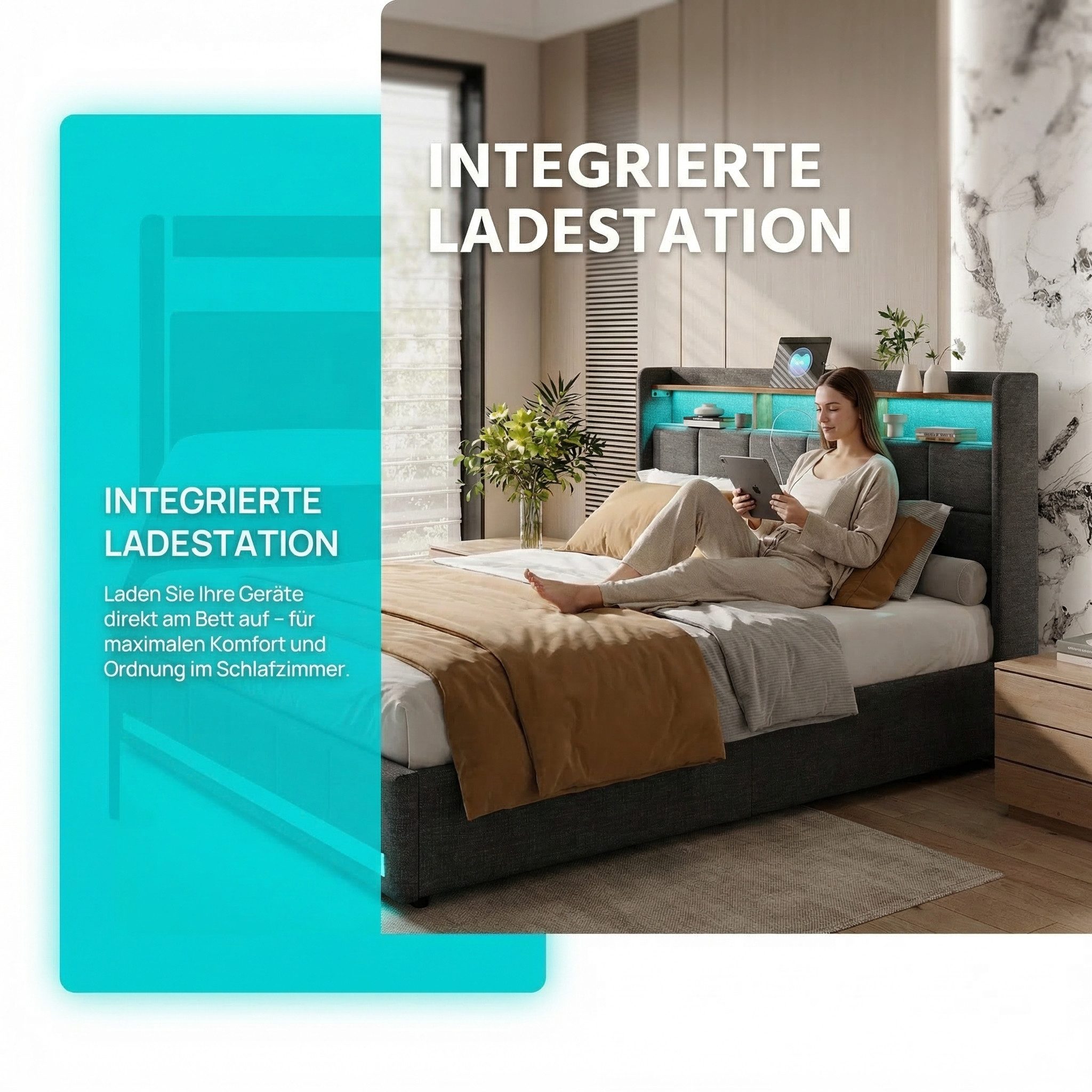 PXloue Polsterbett LED Doppelbett Stauraumbett, mit USB-Laden und Stauraum am Kopfteil,Leinen,140x200 cm – Bild 4 von 5