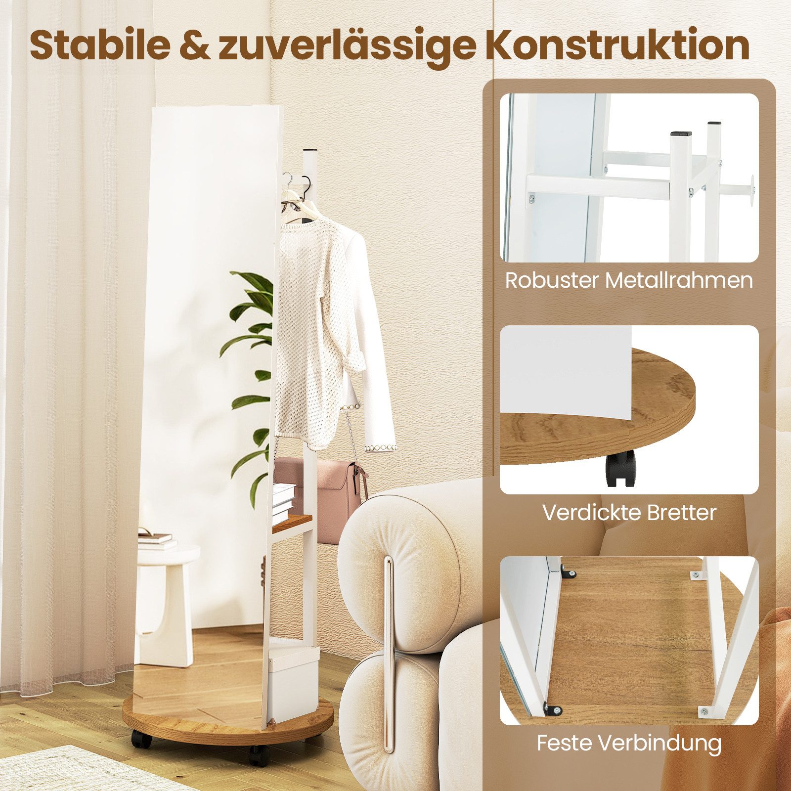 COSTWAY Kleiderständer mit Ganzkörperspiegel, Ablage 2in1, Standspigel 45x135cm – Bild 4 von 5