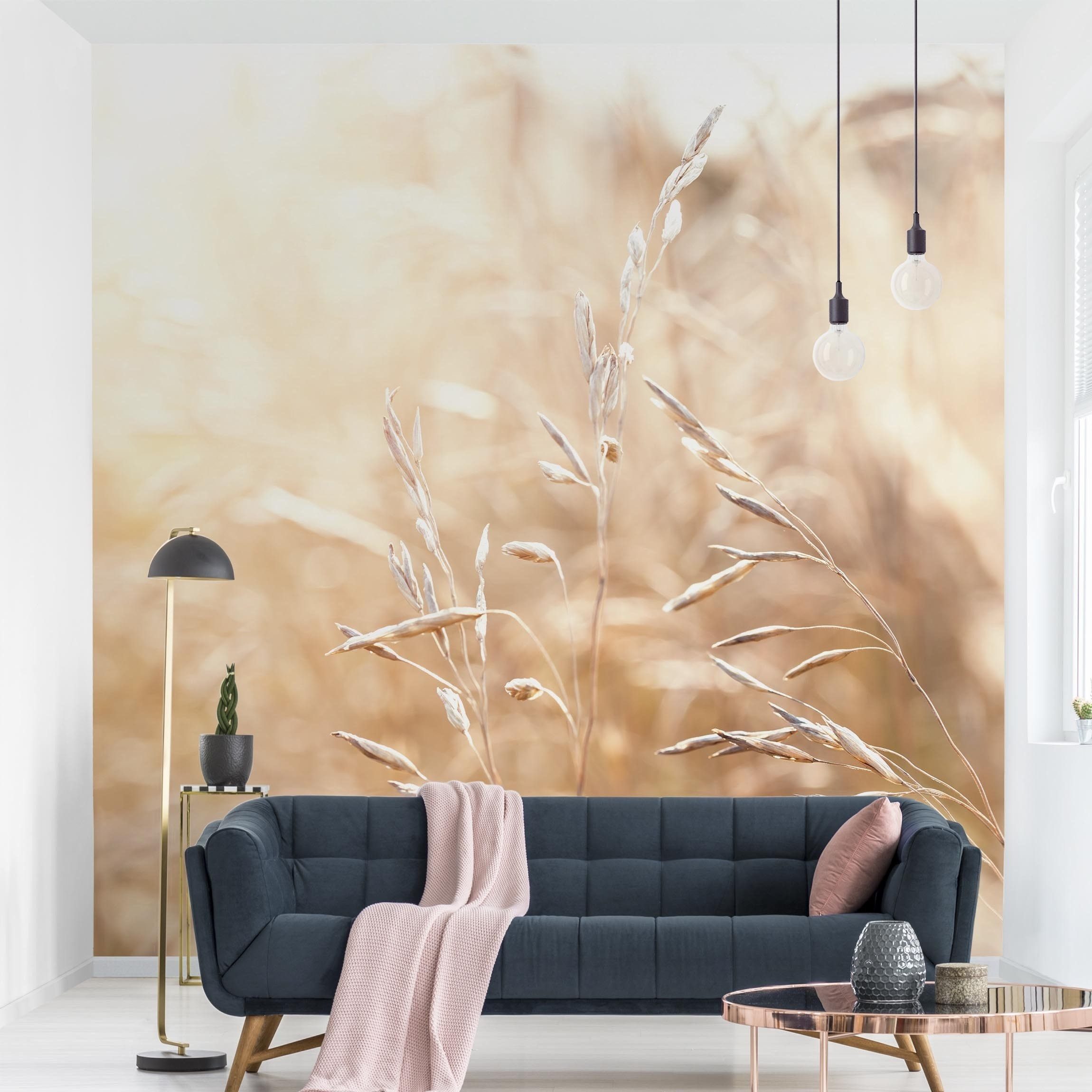 Bilderdepot24 Fototapete Blumen Gräser Sonnenuntergang Blumentapete Floral Natur Modern Kunst, Glatt, Matt, (Vliestapete inkl. Kleister oder selbstklebend), Wohnzimmer Schlafzimmer Küche Flur Motivtapete Vliestapete Wandtapete