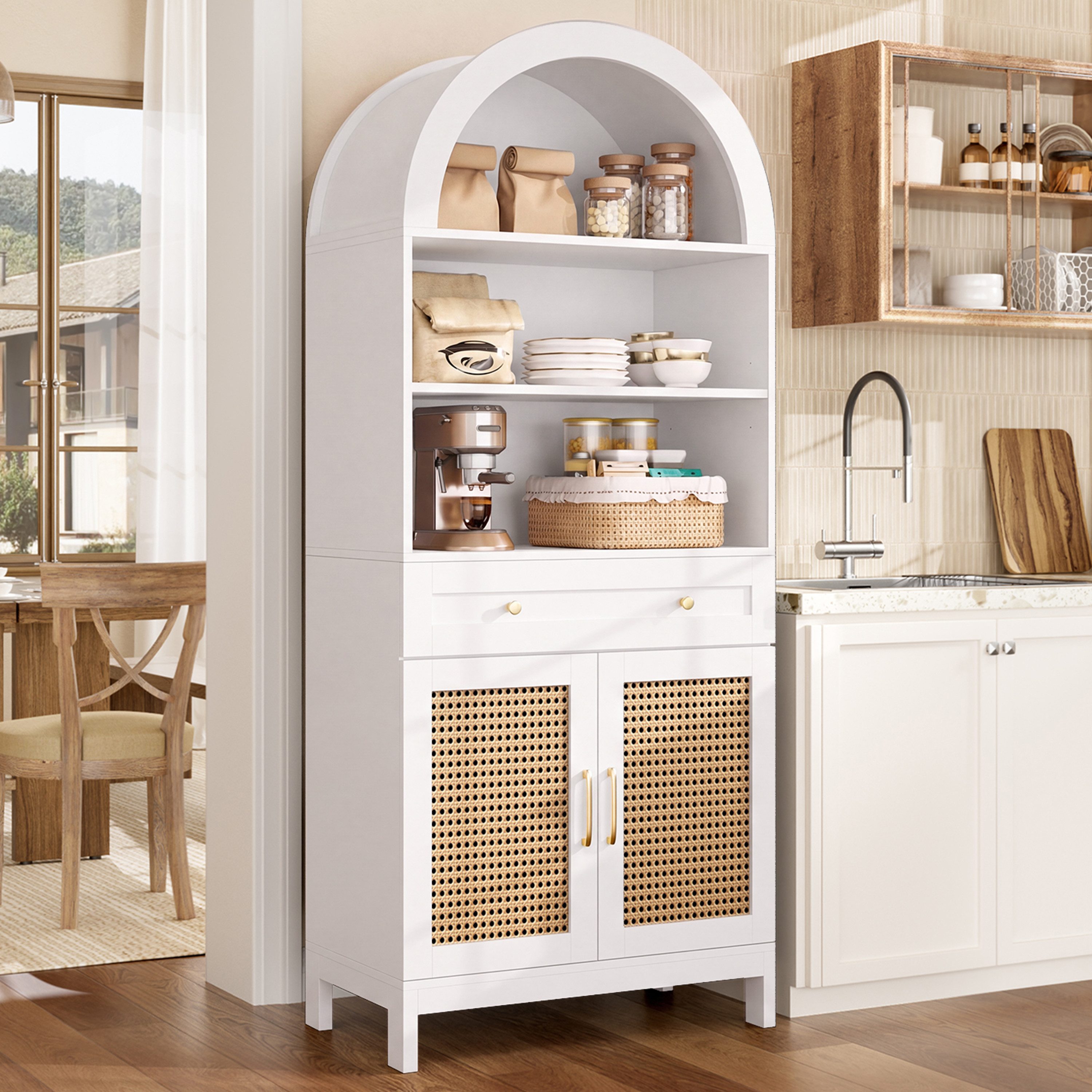 Flieks Hochschrank Bogenform mit Rattan-Doppeltüren, großer Schublade, 3 offener Fächern (gewölbter Aufbewahrungsschrank in Landhausstil, 1-St., B70/T40/H170 cm – Bild 4 von 5