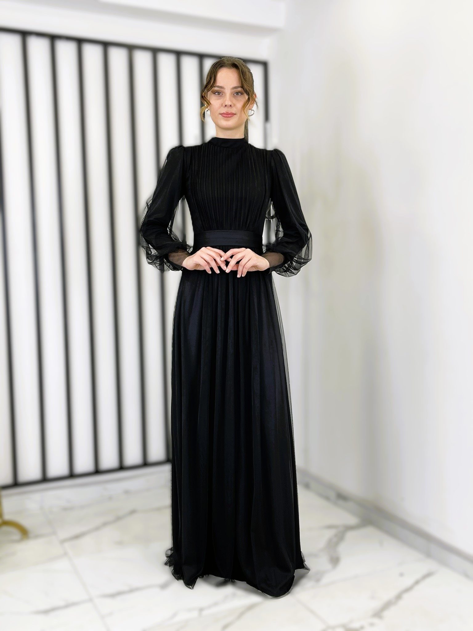 fashionshowcase Tüllkleid Damen Abendkleid Maxilänge Abaya-Stil günstig online kaufen
