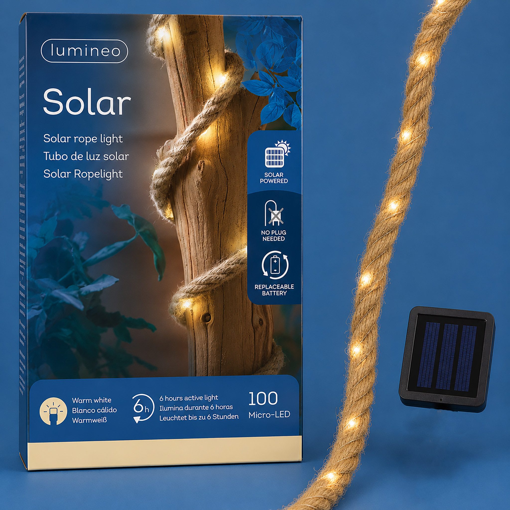 Lumineo LED Solarleuchte, Dauerlicht, warmweiß, LED Solar Seil Lichterkette 5m Jute Kunststoff Warmweiß