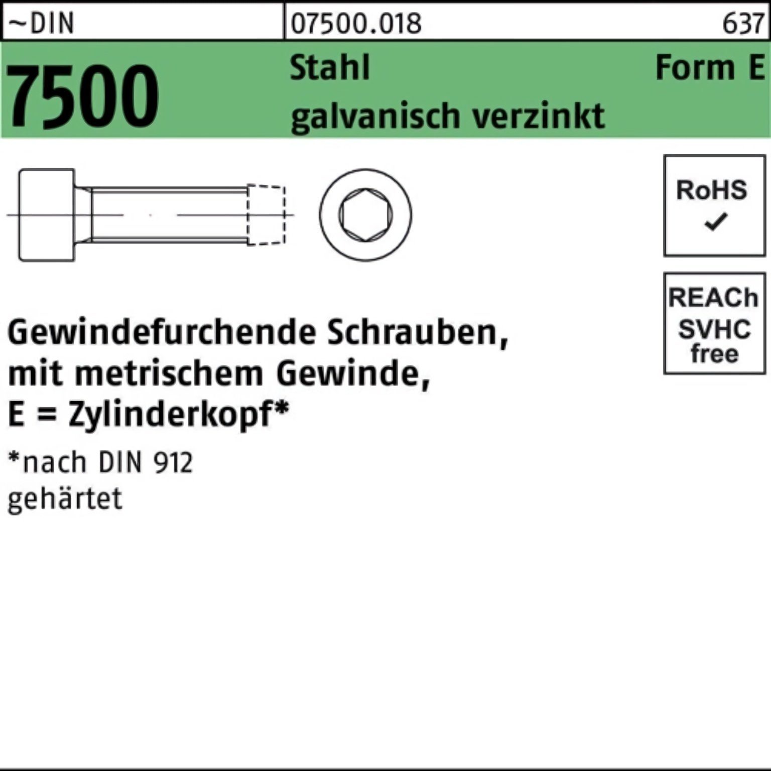 Pack DIN Reyher 7500 M6x30 S Gewindeschraube Innen-6kt 500er E ZYLKO Gewindefurchendeschraube