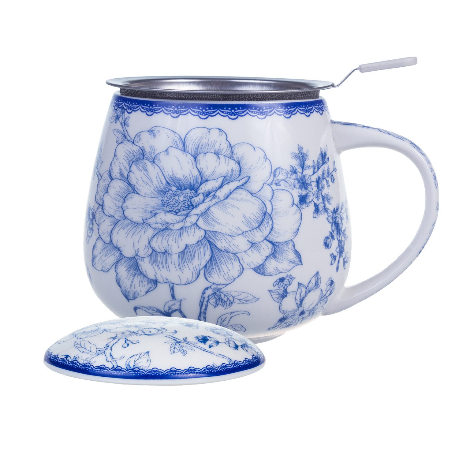 Queen Isabell Teeglas Porzellanbecher 450ml mit Sieb, feines Knochenporzellan, Fassungsvermögen: 450 ml