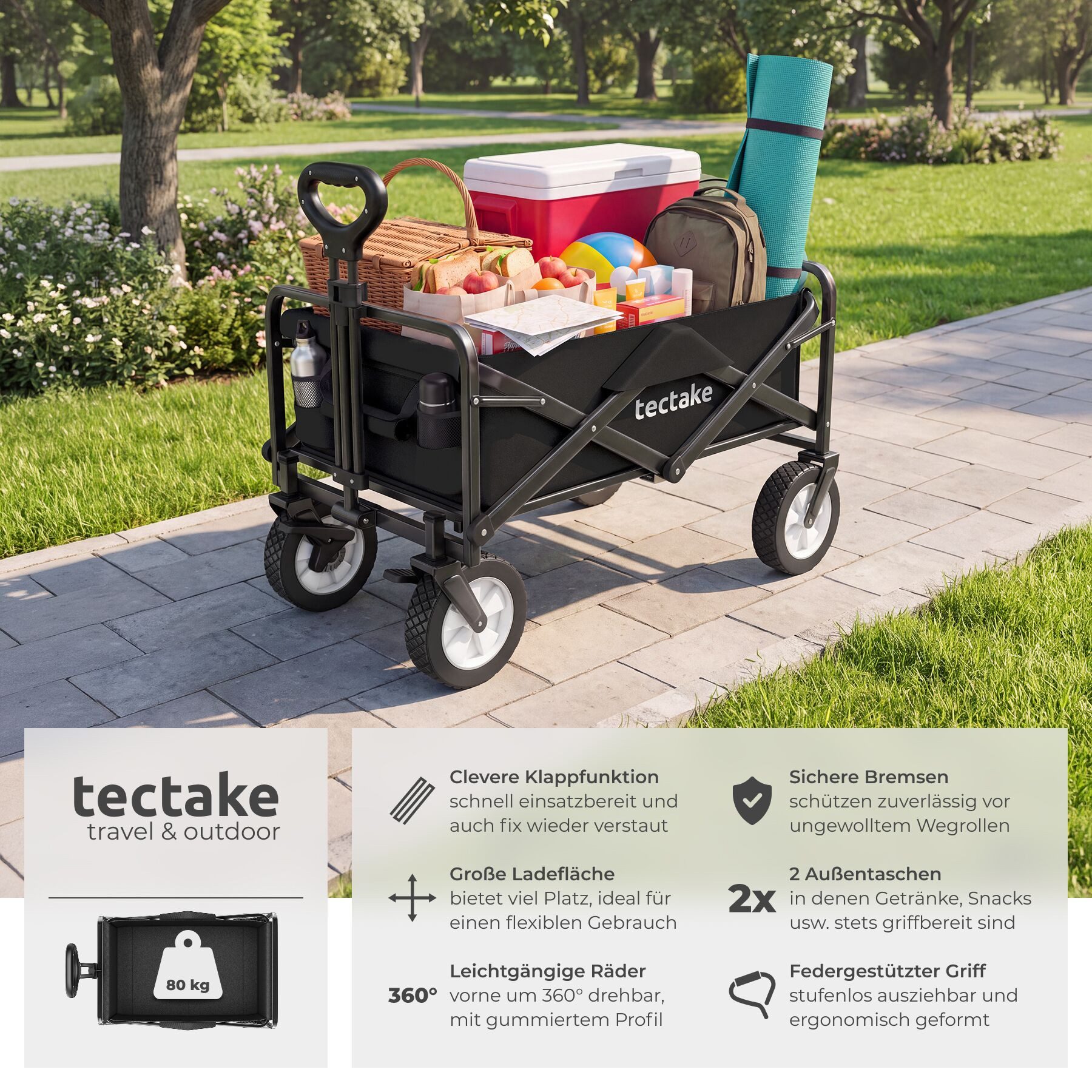 tectake Bollerwagen Faltbarer Handwagen Leon mit Bremsen, Belastbarkeit 80kg (1 Transportwagen, 1-tlg., 97L Volumen in Schwarz), faltbar – Bild 2 von 5