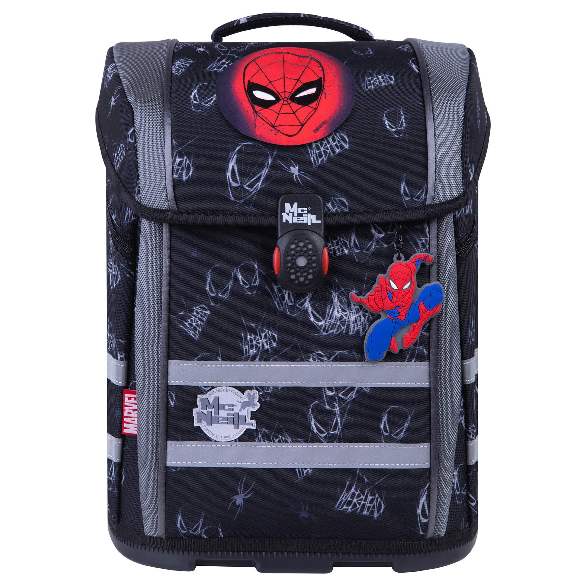 McNeill Schulranzen Perfecto Spider-Man 5tlg. Disney Schulranzen ergonomisch ClickFlex (Spar-Set, Sportbeutel, Magnet & Anhänger, Schlampermappe, Federmappen befüllt), ClickFlex Rückensystem, mitwachsend, ergonomisch