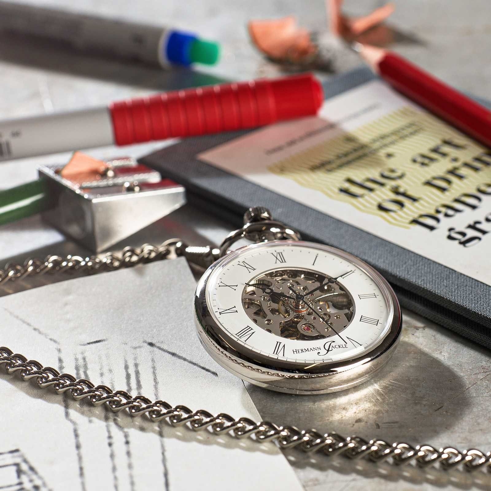 Hermann Jäckle Taschenuhr Limburg Skelett, Handaufzug, 41 mm, Mineralglas, mit Kette & Reiseetui