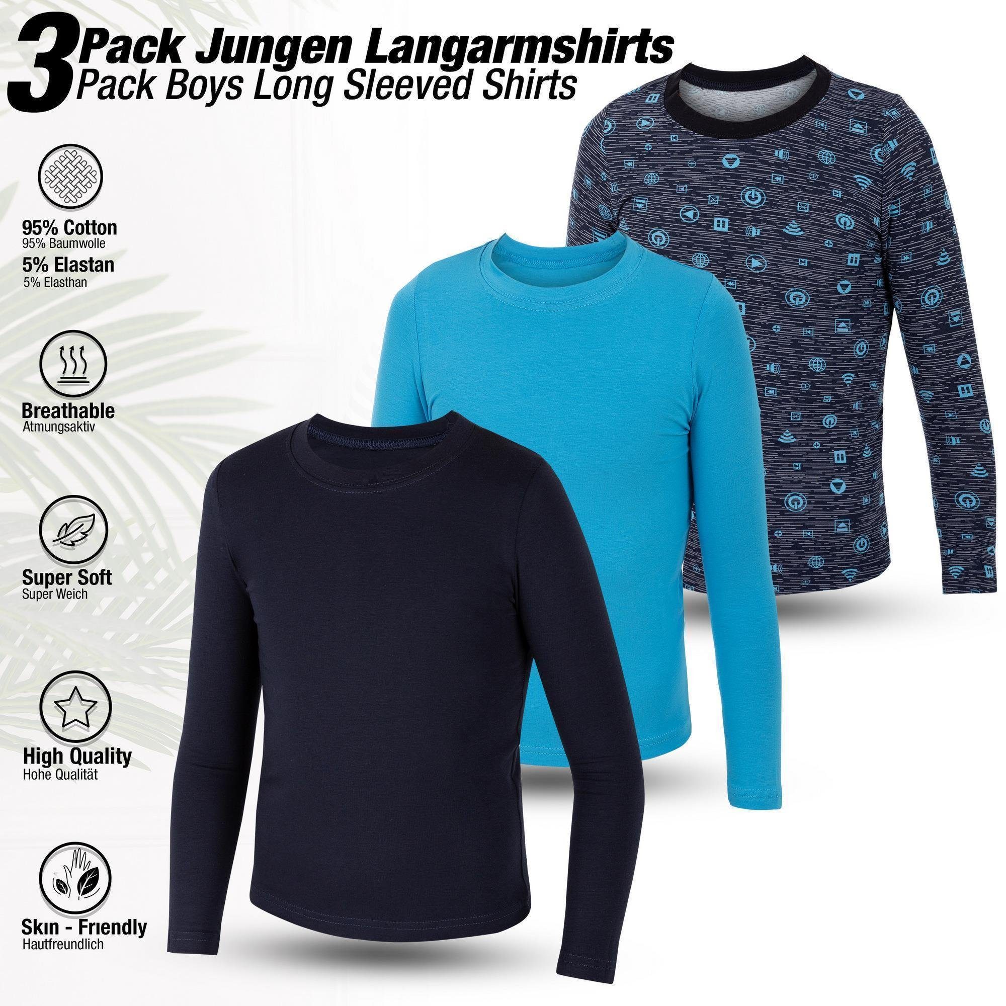 LOREZA Langarmshirt 3er Set Jungen Langarmshirts - Basics - Mehrfarbig (Set, 3-tlg)