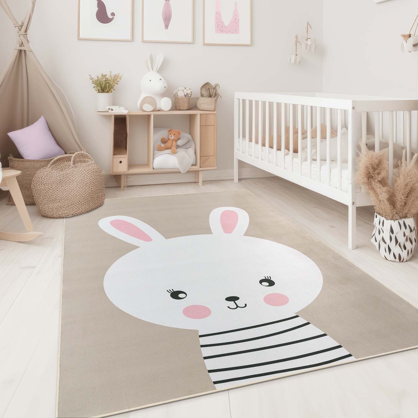 TaraCarpet Kinderteppich Fresh Kids Tiere, rechteckig, Höhe: 5 mm, Fresh Kids Tiere Hase Taupe Kinderzimmer Jugendzimmer 80x150 cm