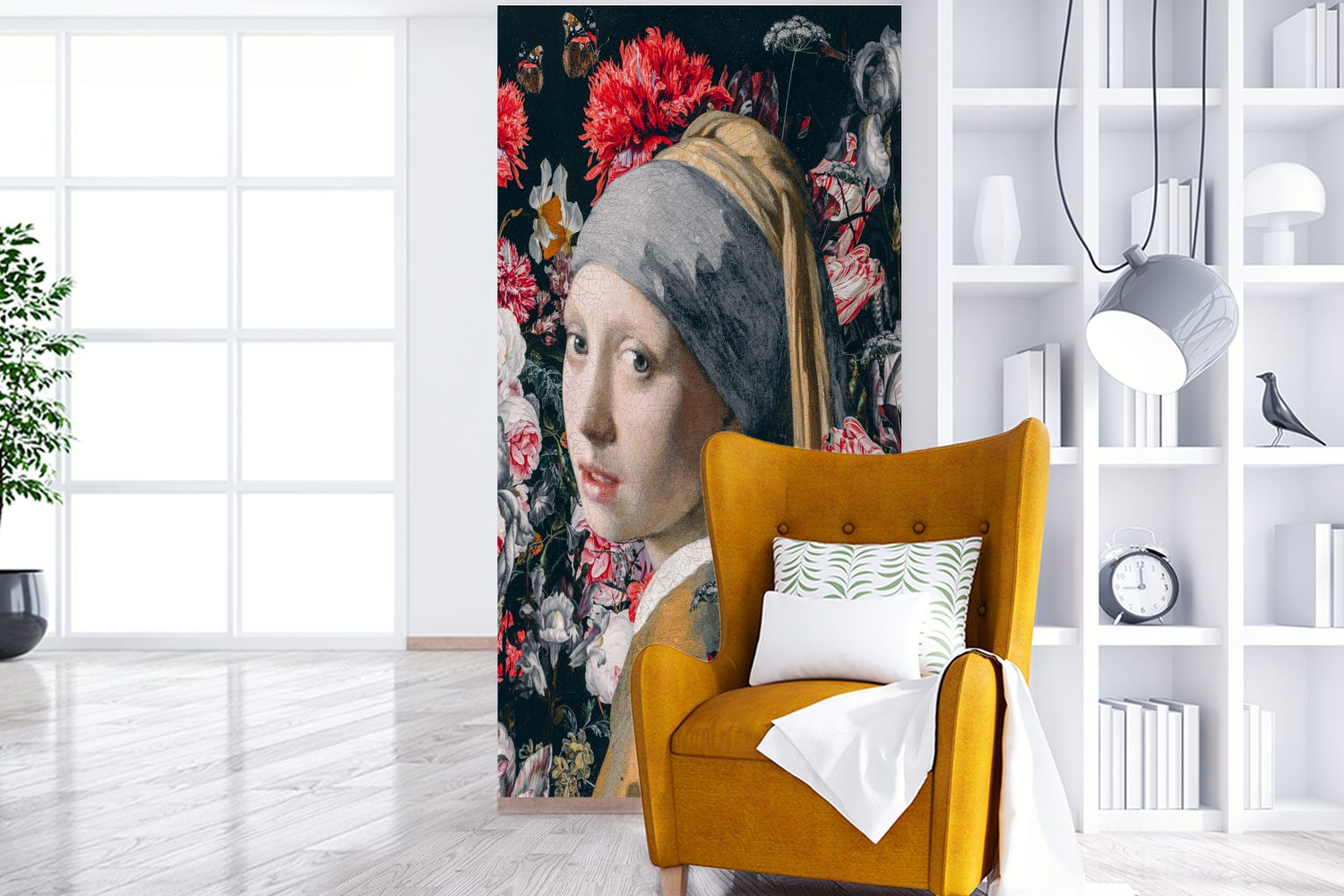 bedruckt, Fototapete Wohnzimmer Küche, St), - Schlafzimmer Vliestapete Mädchen Perlenohrring Blumen Das Fototapete für Matt, dem mit Vermeer, MuchoWow (2 -