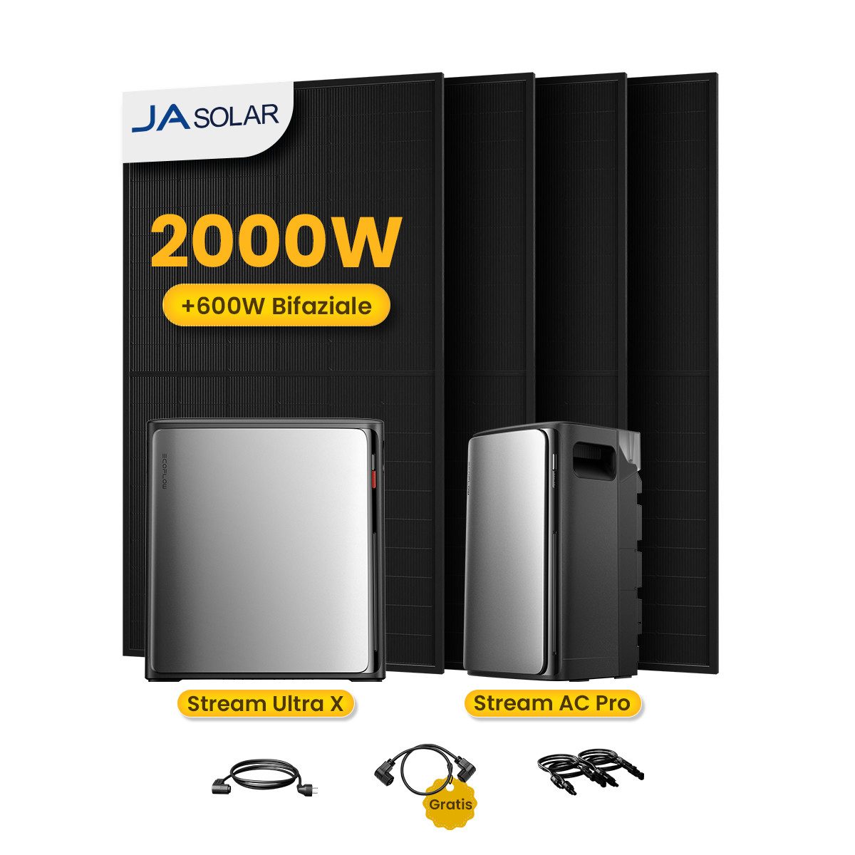 Ecoflow Balkonkraftwerk 2000W ECOFLOW STREAM Ultra X All in One Speicher mit AC Pro Speicher, (4x JA Solar 500Wp und AC Pro Speicher im Lieferumfang enthalten), 4 MPPT Solareingang mit integriertem Mikro-Wechselrichter