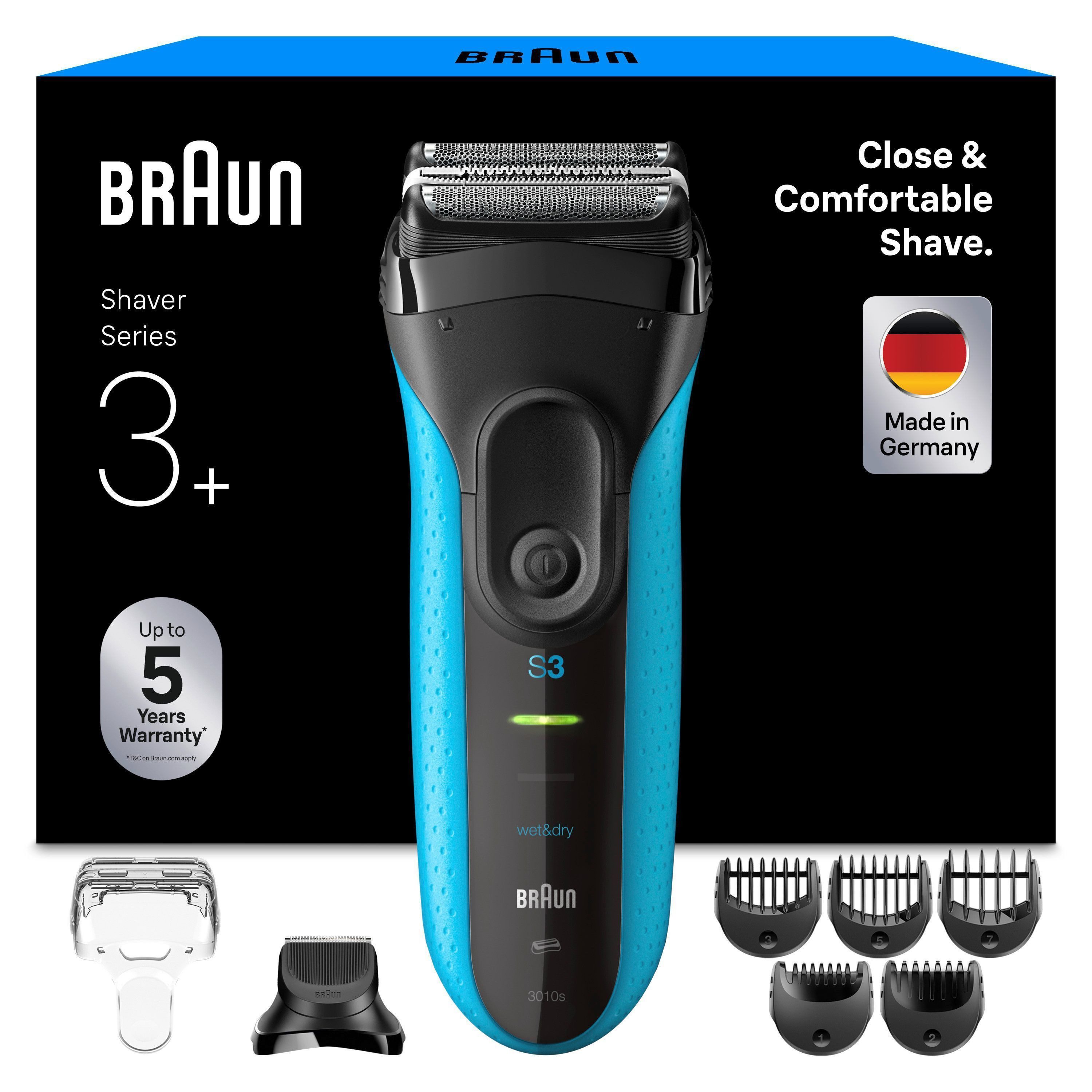Braun Elektrorasierer Series 3+ 3010BT, Aufsätze: 6, 3 flexible Klingen, effizienter MicroComb Mitteltrimmer
