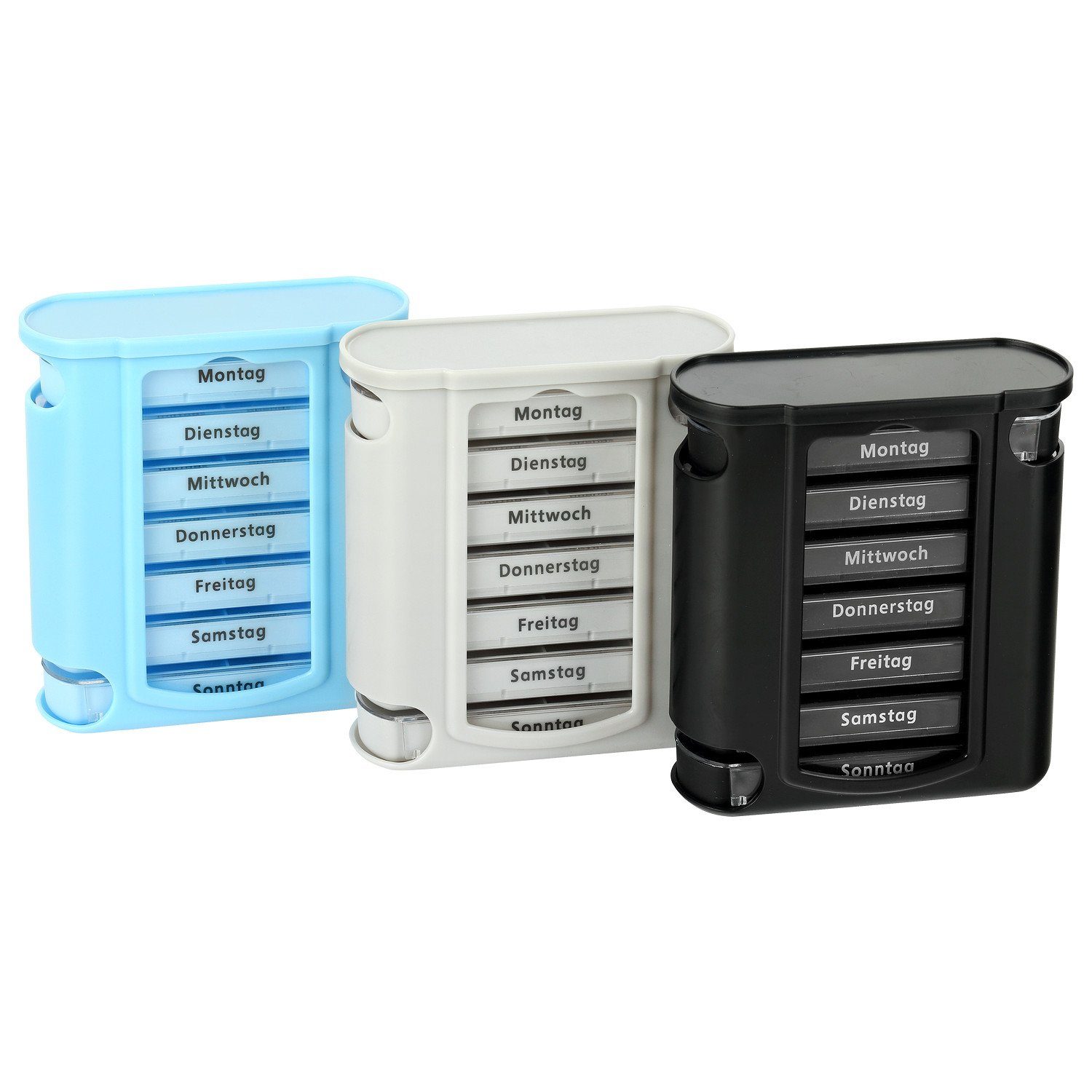 Pillendose Schramm® 3 Stück SONDERPOSTEN Tablettenbox blau, grau, schwarz Pillen Tabletten Box Schachtel Tablettendose Pillendose Pillenbox