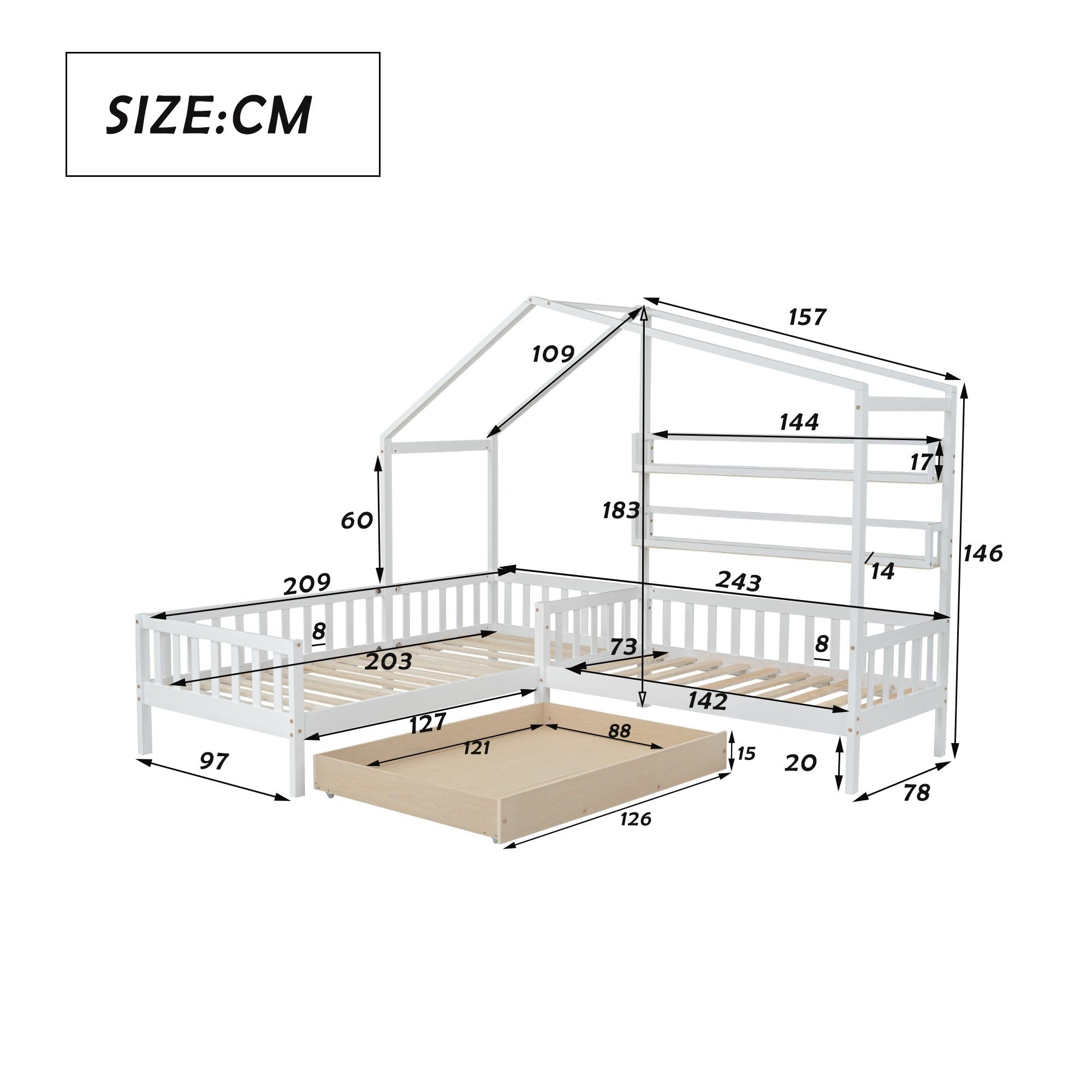 Flieks Kinderbett (1-tlg), Massivholz L-Struktur 90x200cm+70x140cm weiß Hausbett