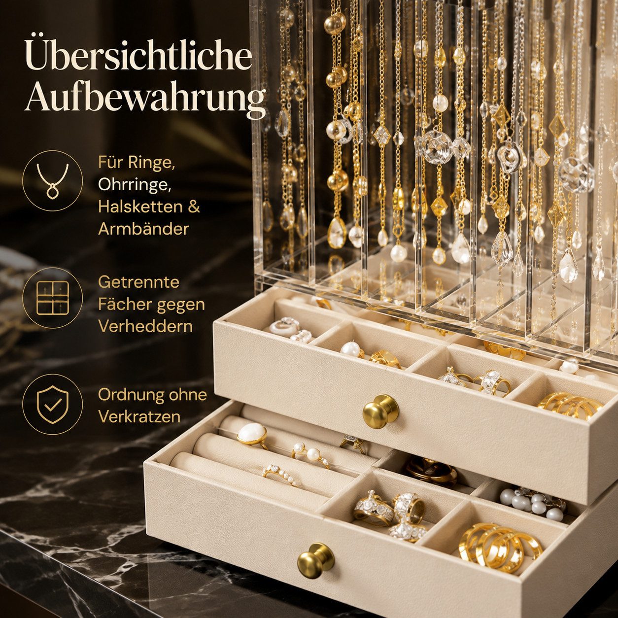 Fyrove Make-Up Organizer Transparenter Schmuckkasten groß, herausnehmbare Fächer für Damen, Set, Transparentes Material, Praktisches aufgeteiltes Innenlayout – Bild 5 von 5