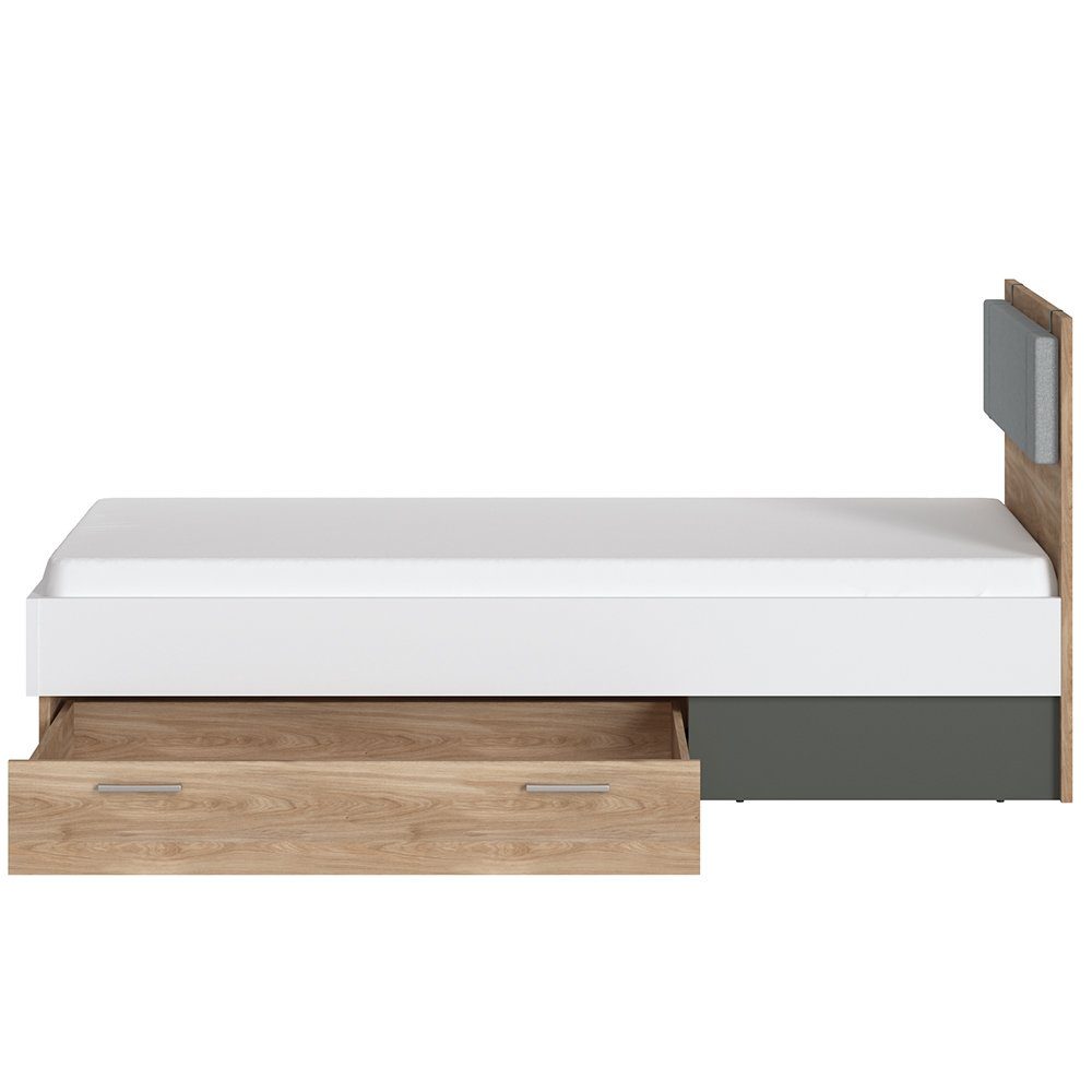 mit mit und 3-tlg), 90x200cm Sideboard grau Bett, mit (Sparset, Jugendzimmer-Set TOMAR-129, Eiche Lomadox Beleuchtung, weiß