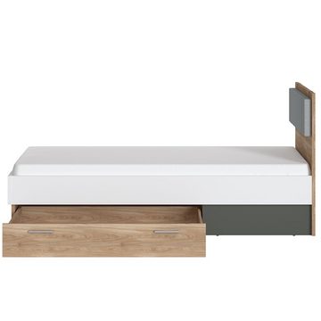 Lomadox Jugendzimmer-Set TOMAR-129, (Sparset, 3-tlg), mit 90x200cm Bett, Sideboard mit Beleuchtung, Eiche mit weiß und grau