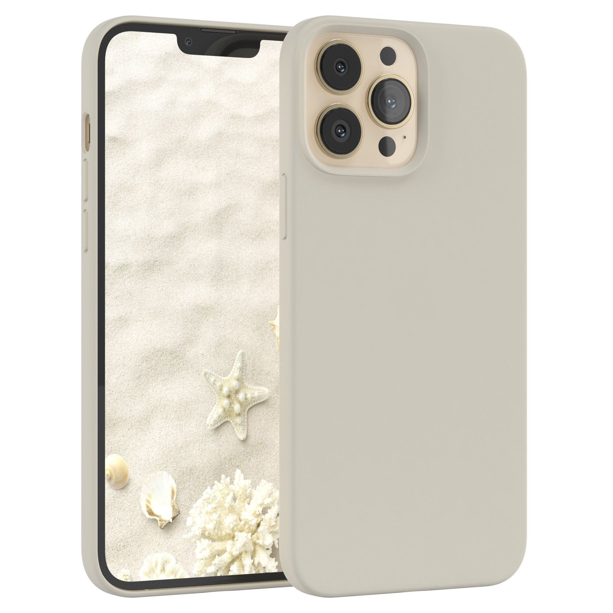 EAZY CASE Handyhülle Premium Silikon Case für Apple iPhone 13 Pro Max 6,7 Zoll, Hülle Silikon mit Displayschutz Handy Softcase Slimcover Taupe / Beige