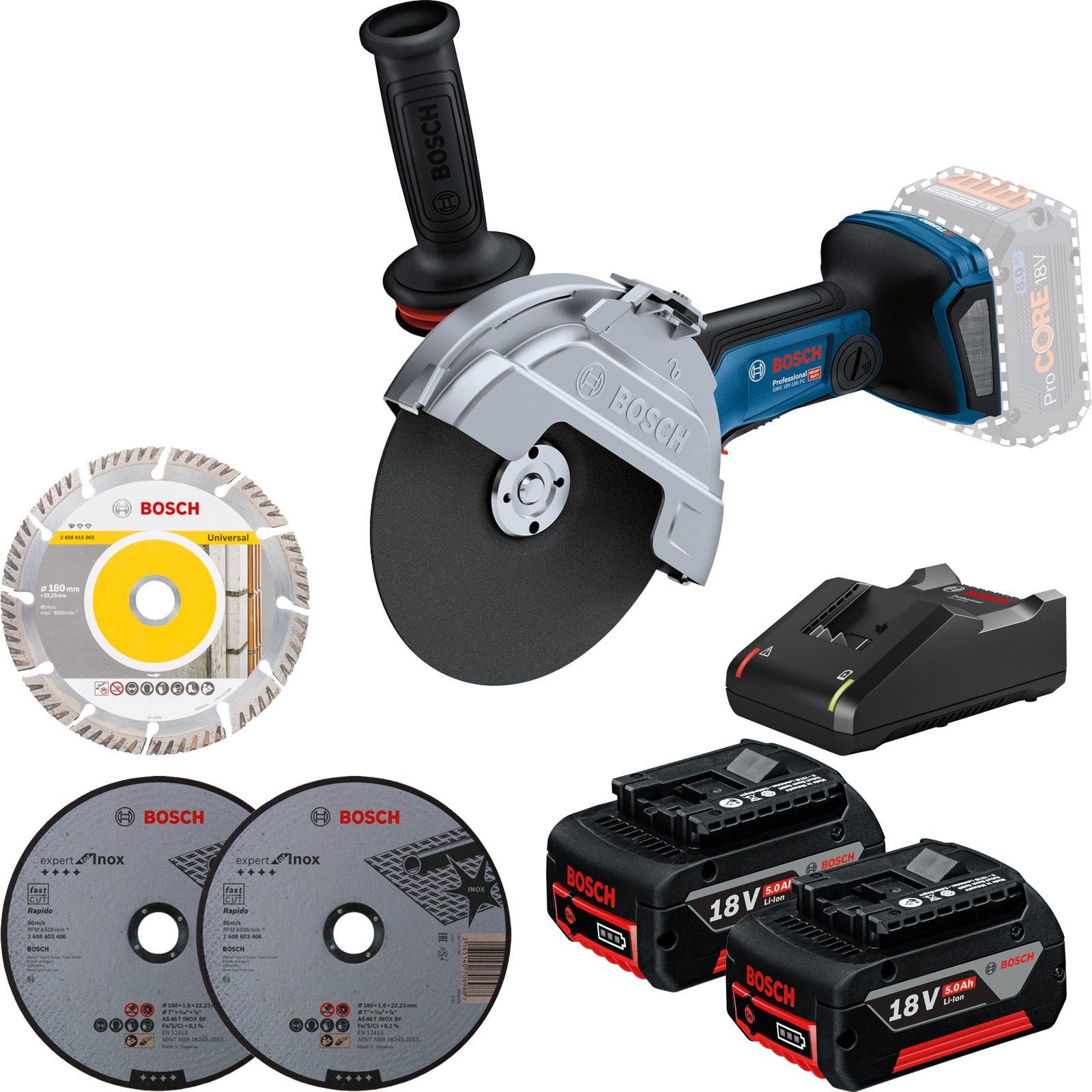 BOSCH Akku-Winkelschleifer Bosch Akku-Winkelschleifer GWS 18V-180 PC Ø 180 mm / 2x 5,0 Ah + GAL 1