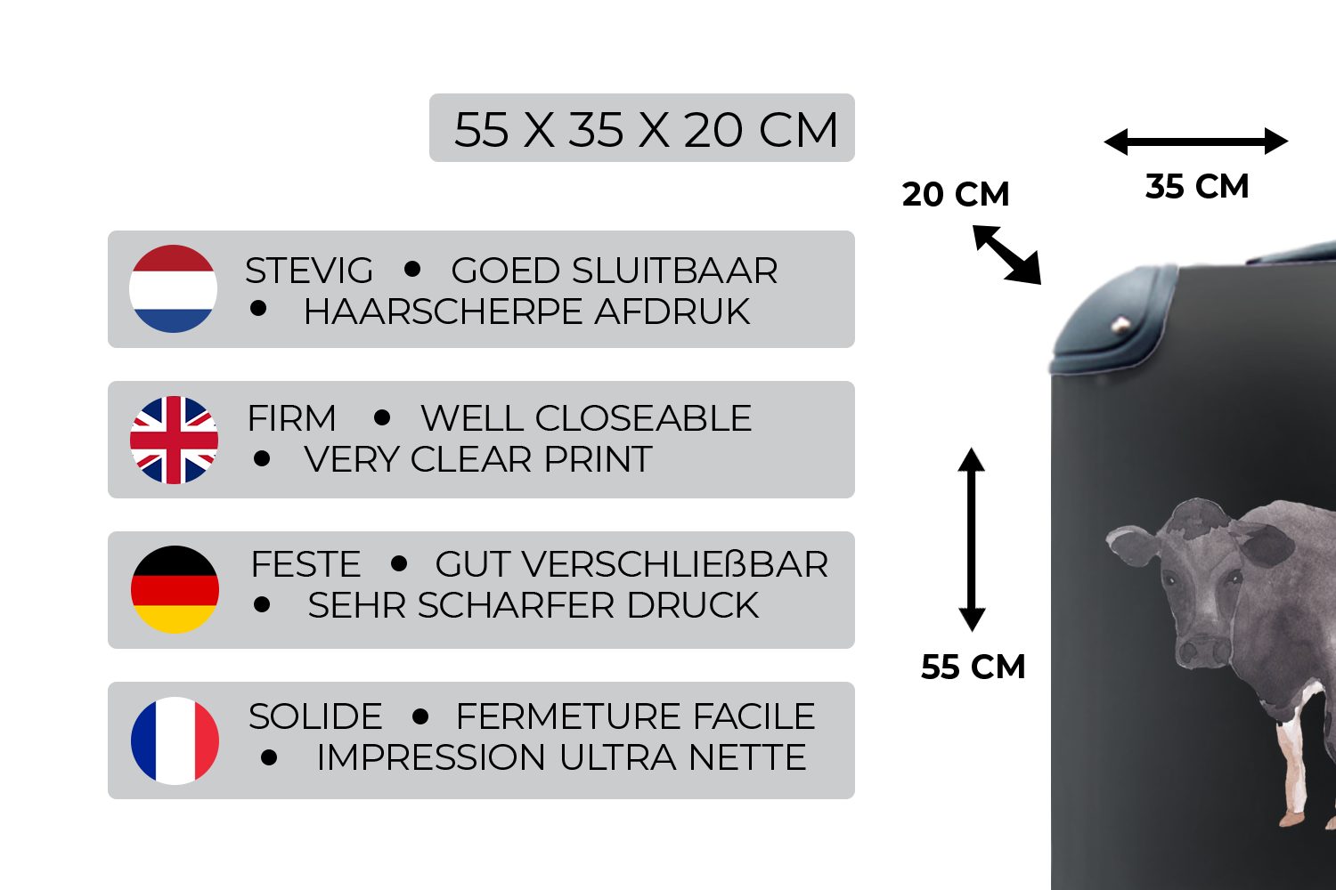 Illustration Ferien, Kuh Reisetasche Rollen, Handgepäck rollen, - Trolley, - Schwarz, Reisekoffer mit für 4 Handgepäckkoffer MuchoWow