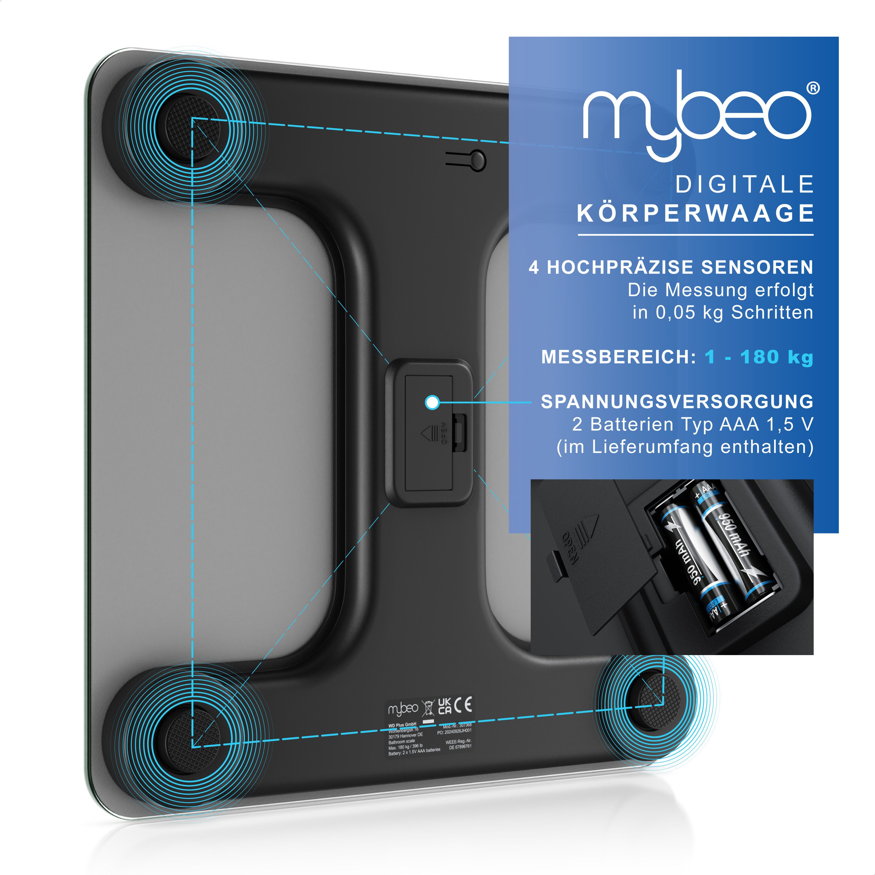 MyBeo Personenwaage digitale Waage für Personen, große Trittfläche aus 6mm Sicherheitsglas, 1-tlg., Badezimmer Digitalwaage, schmales Design, max. Belastung über 150 kg