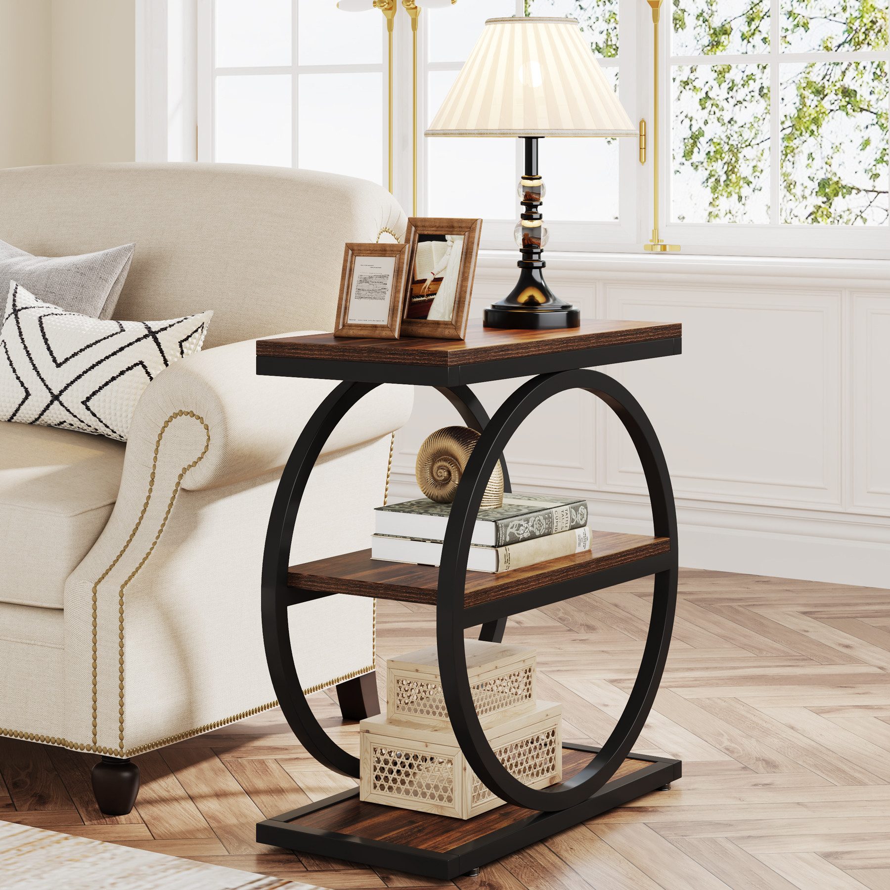Tribesigns Beistelltisch 3-Tier Beistelltisch Schmaler Holz, Couchtisch mit Metallrahmen, Dielentisch