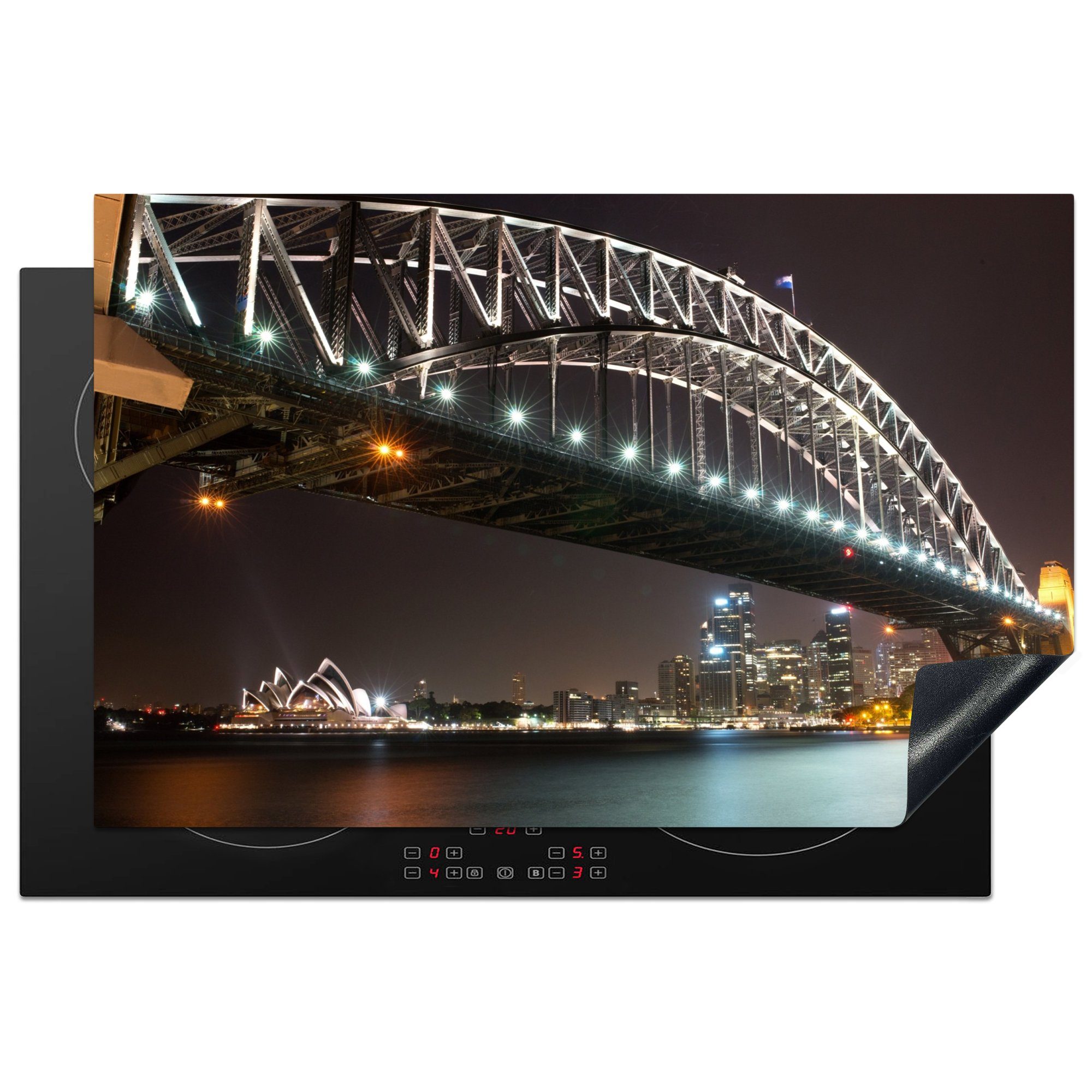 MuchoWow Herdblende-/Abdeckplatte Brücke - Nacht - Skyline, Vinyl, (1 tlg), 81x52 cm, Induktionskochfeld Schutz für die küche, Ceranfeldabdeckung