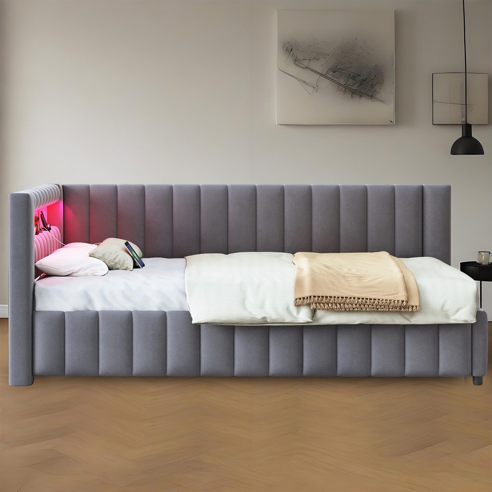 MODFU Polsterbett Kinderbett (140x200 cm mit LED-Lichtstreifen, USB-Ladeans günstig online kaufen