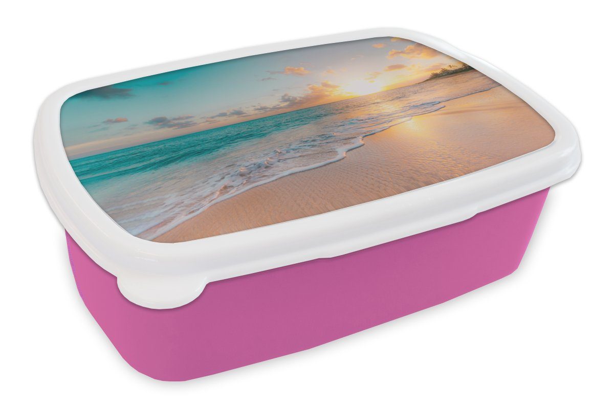 MuchoWow Lunchbox Sonnenuntergang - Strand - für Mädchen, Kinder, Snackbox, Brotdose Meer Erwachsene, Kunststoff - Sommer Kunststoff, Blau, - (2-tlg), rosa Brotbox