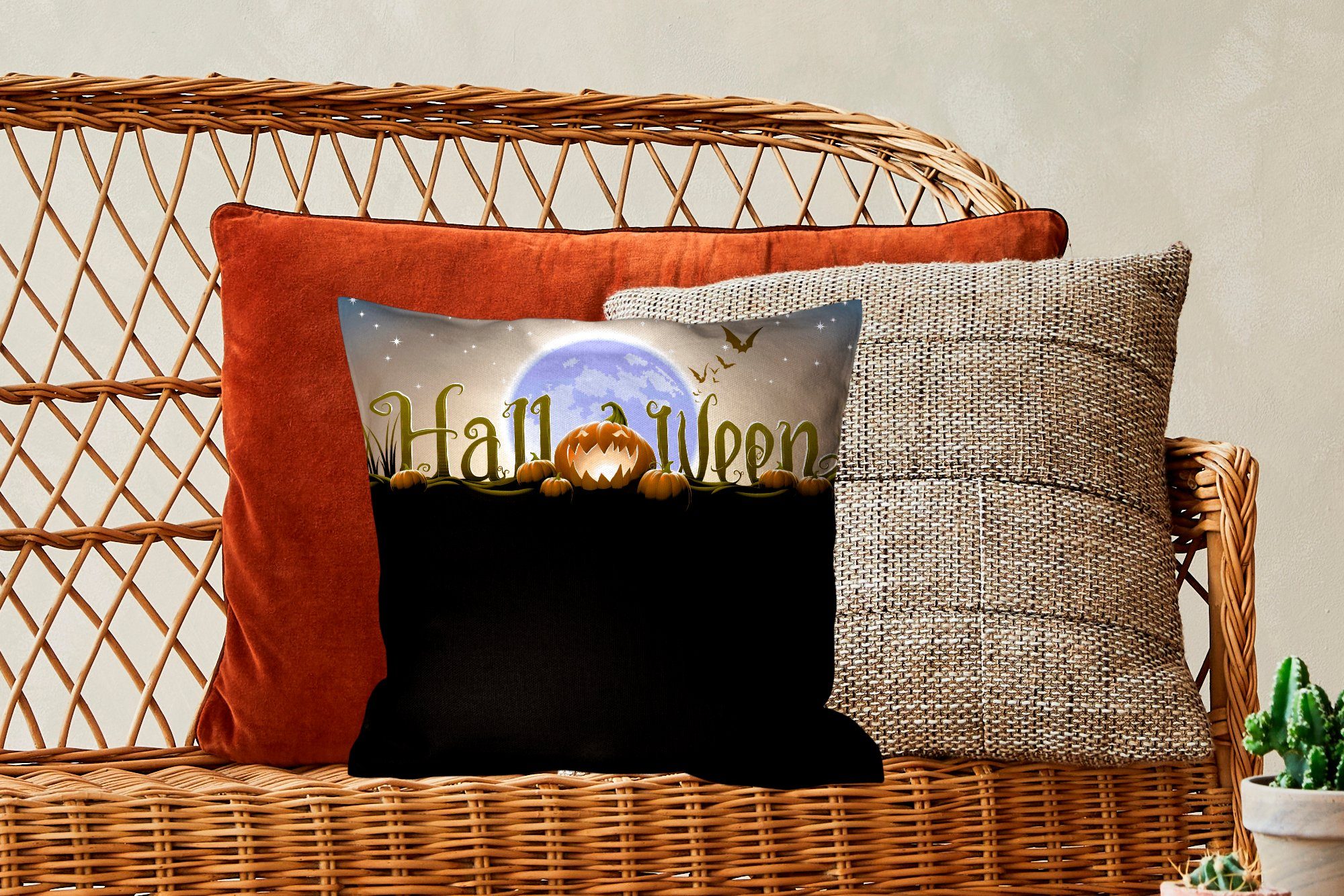 Halloween von Wohzimmer, einer, Die Vollmond Dekokissen den Deko, Schlafzimmer, in MuchoWow Buchstaben Zierkissen mit durch Füllung Sofakissen für beleuchtet