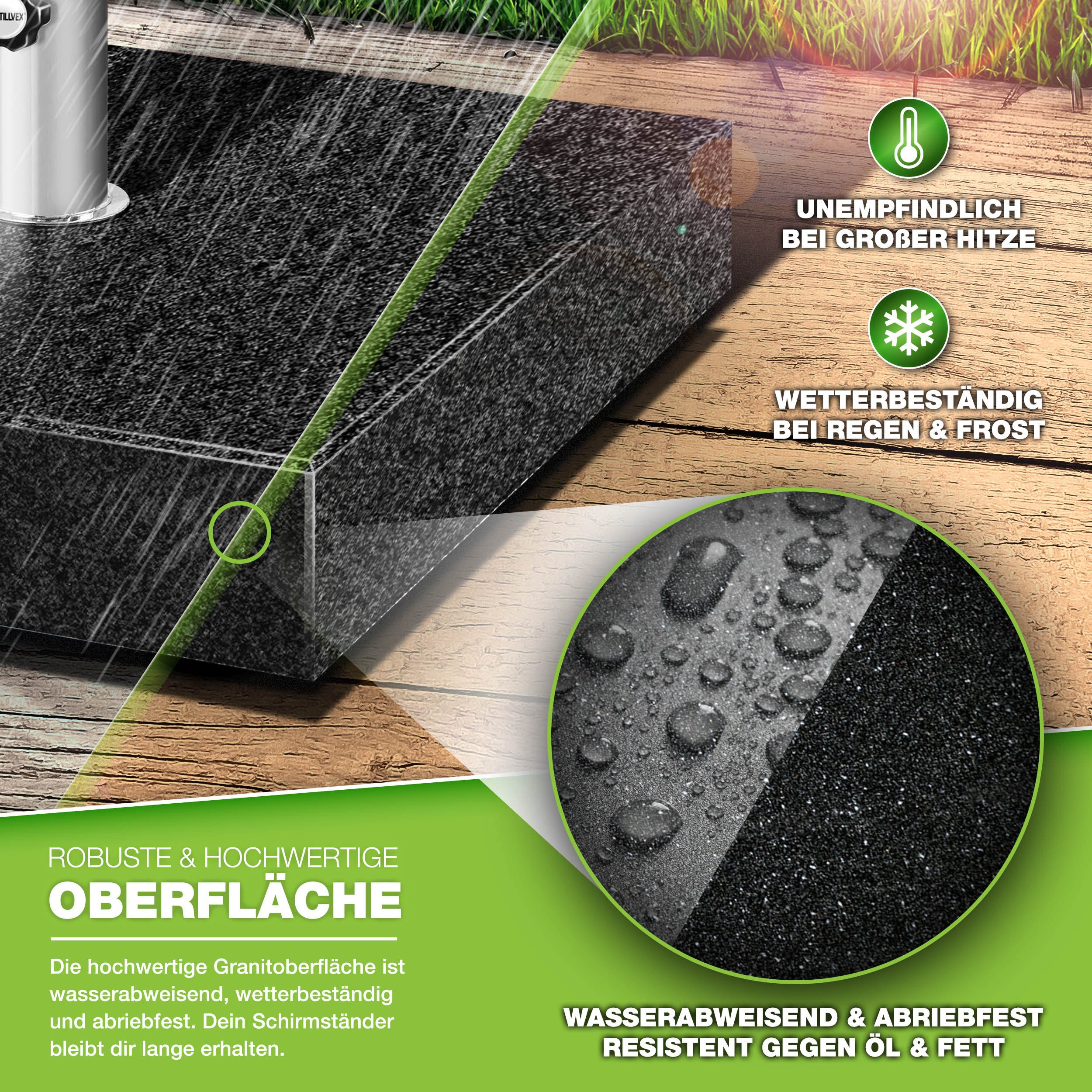 tillvex Sonnenschirm tillvex Granit Sonnenschirmständer, Balkonschirmständer für Schirmstöcke 16-48 mm & 300cm Schirmdurchmesser, Sonnenschirm, Granit Sonnensch – Bild 3 von 5