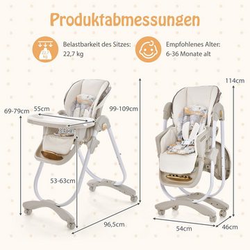 COSTWAY Hochstuhl Babystuhl (1 St), klappbar, höhenverstellbar, mit Liegefunktion & Rädern