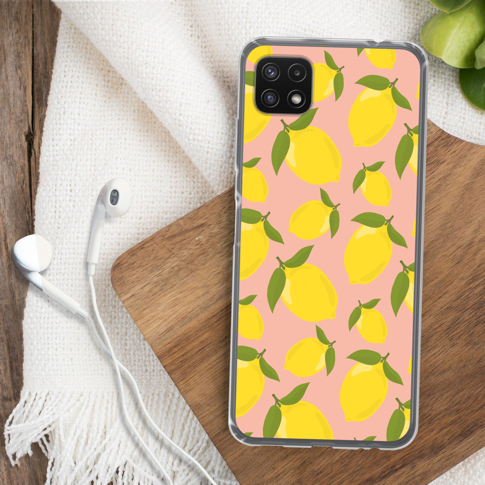 MuchoWow Handyhülle für Samsung Galaxy A22 5G Zitronen - Gelb - Rosa - Muster - Obst, Smartphone-Bumper, Print, Handy Schutzhülle Dünn
