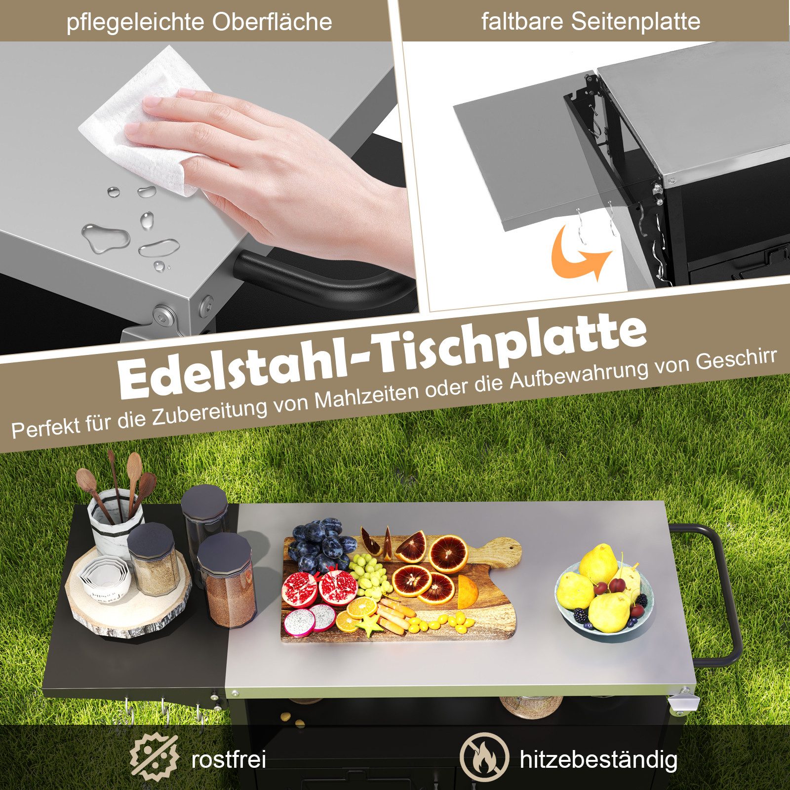 COSTWAY Grillablagetisch, Grillwagen mit klappbarem Seitentisch, bis 100 kg