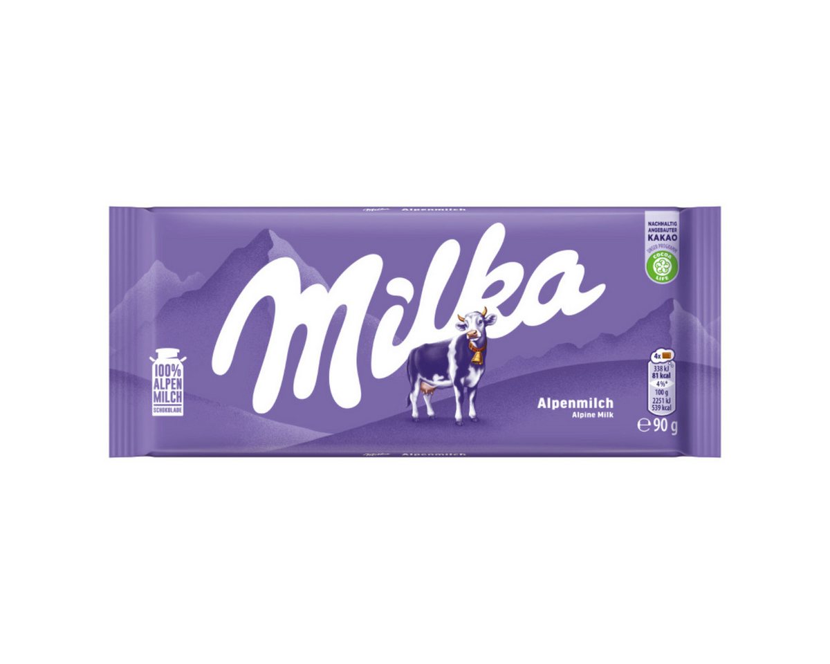 MILKA Schokolade, Milka Alpenmilch Schokolade Klassiker für alle Schokoladen Fans 90g