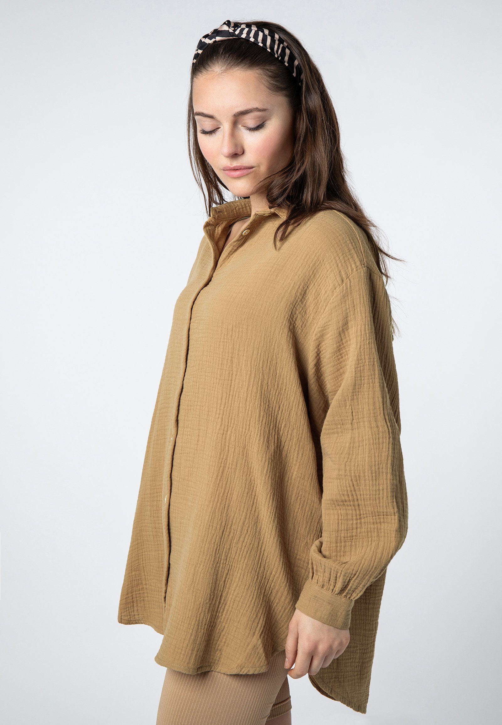 SUBLEVEL Langarmbluse Damen Musselinbluse langarm mit Kentkragen Oversizebluse aus Baumwolle