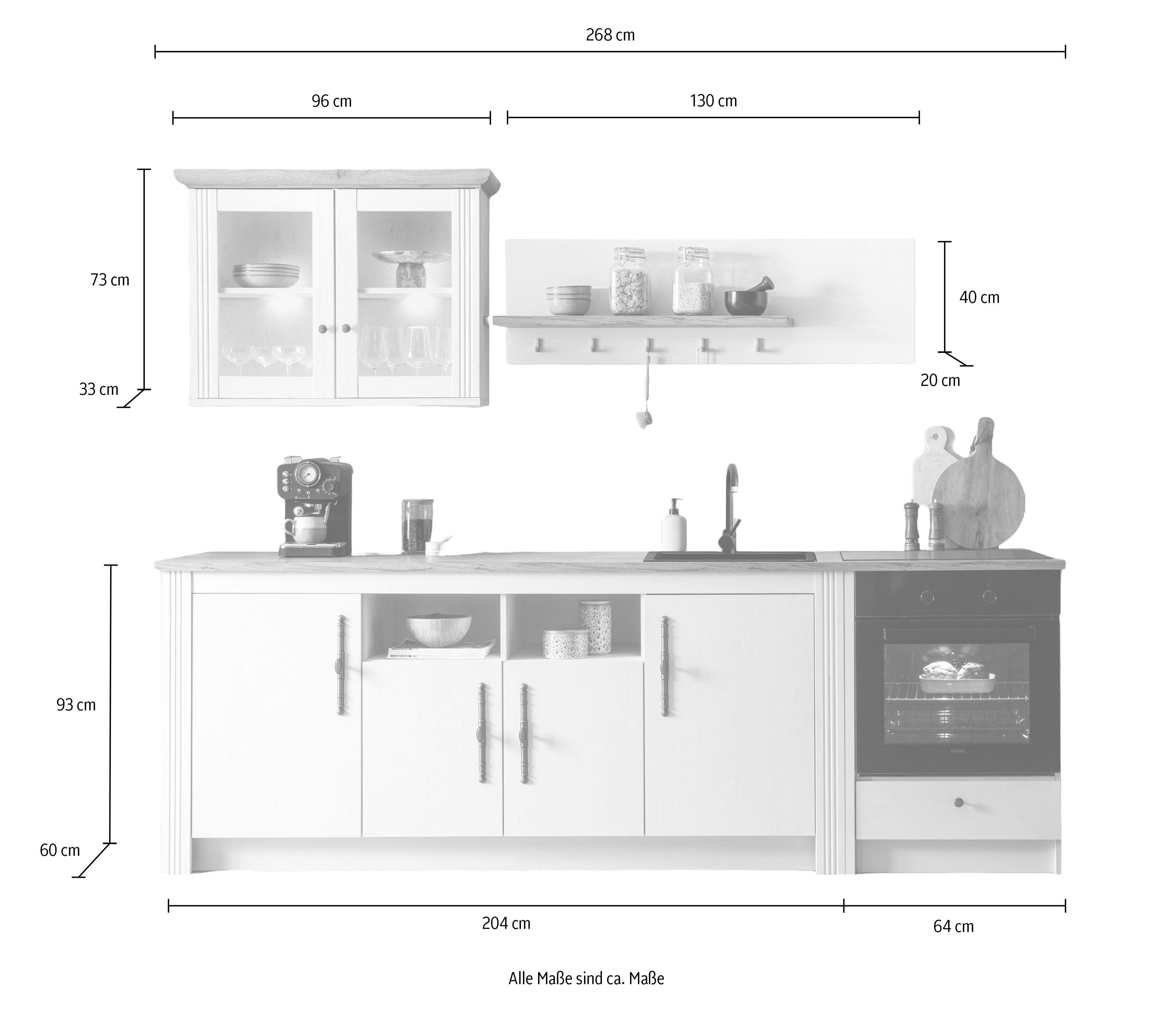 Meuble de cuisine OTTO KS-Westminster, style campagnard, poignées métalliques de haute qualité (ensemble), largeur 268 cm, comprenant un buffet, un panneau mural, un meuble haut et un meuble pour plaque de cuisson.