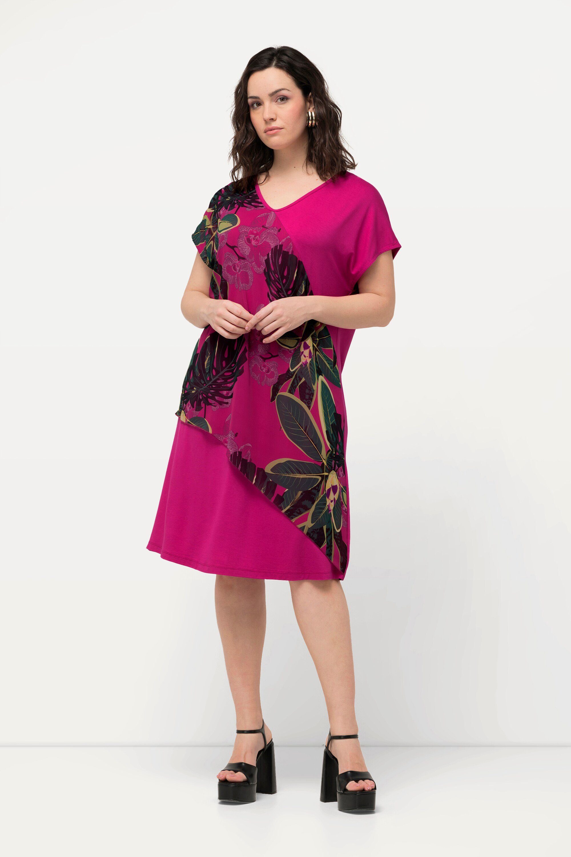 Ulla Popken Minikleid Jerseykleid Chiffon Blüten V-Ausschnitt Halbarm