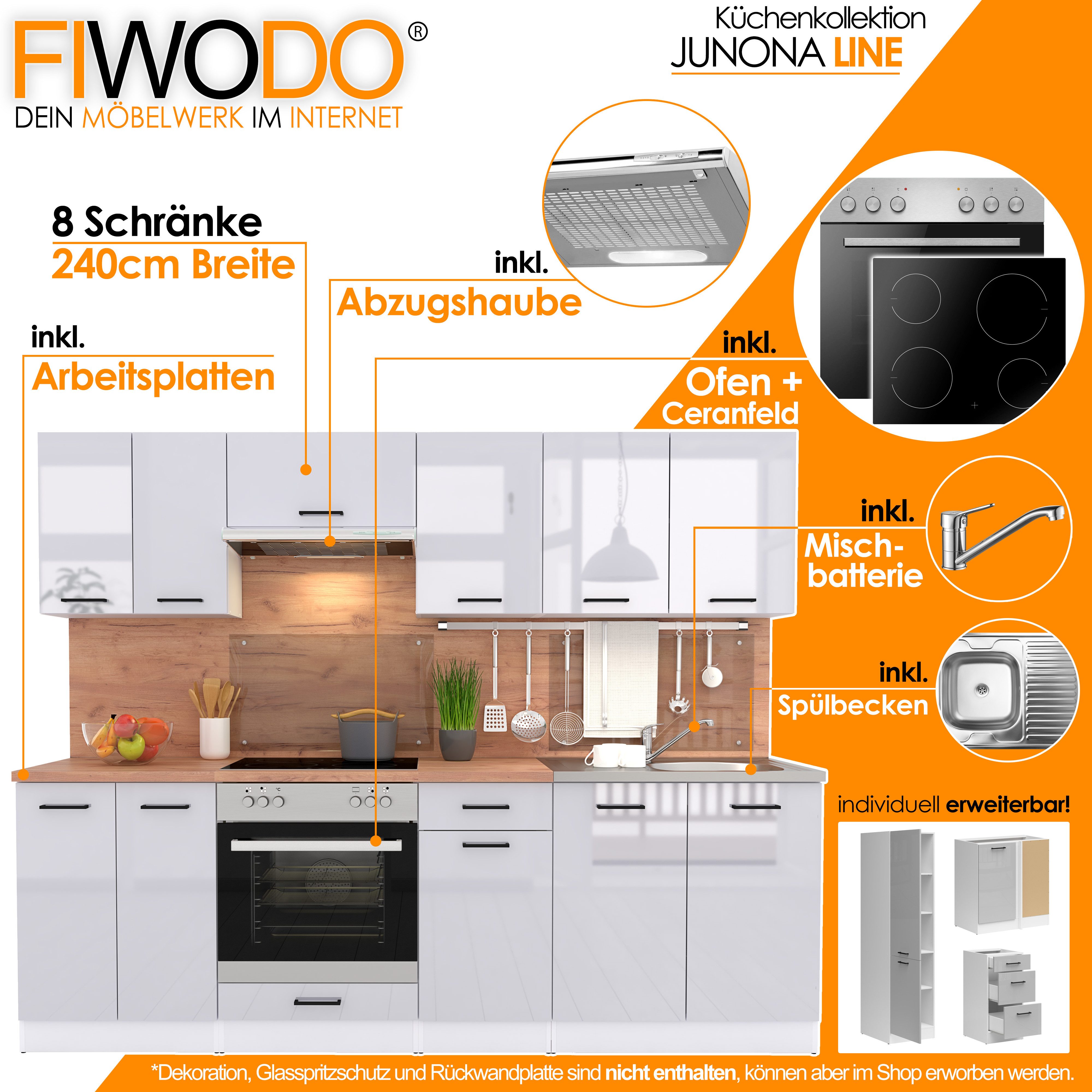 FIWODO.de - Dein Möbelwerk im Internet Küche Küchenzeile 240cm mit Elektrogeräten komplett Spülbecken Arbeitsplatte, (Set), mit E-Geräten, Breite 240cm, mit Spülbecken, mit Arbeitsplatte