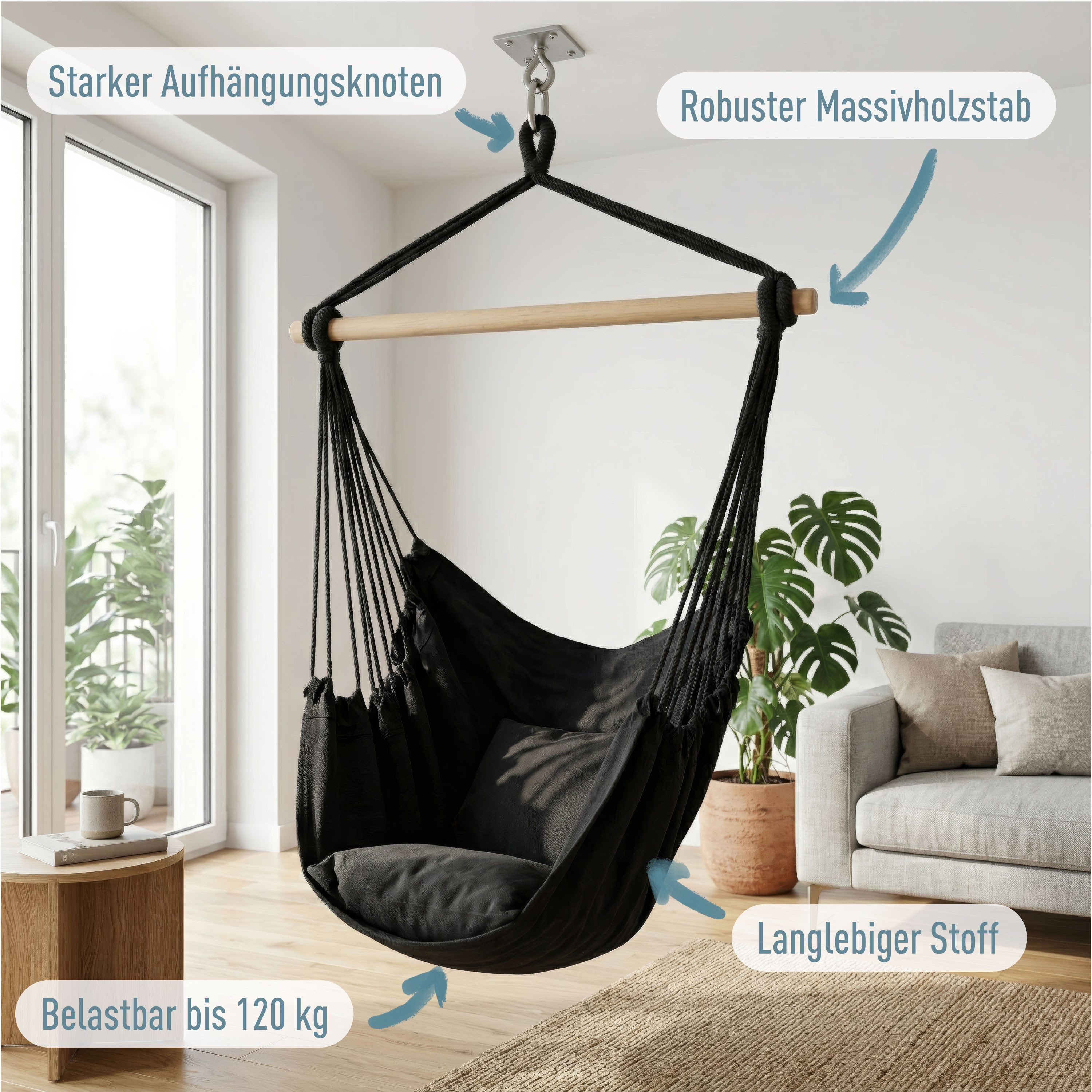 ib style Hängematte Kalea Hängesessel Cappuccino, Hängestuhl mit 2 Kissen und Zubehör - bis 120kg belastbar