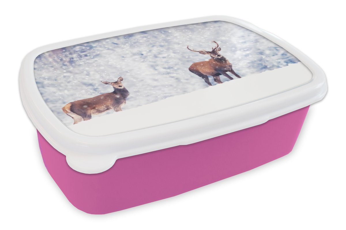 MuchoWow Lunchbox Hirsche - Tiere - Schnee, Kunststoff, (2-tlg), Brotbox für Erwachsene, Brotdose Kinder, Snackbox, Mädchen, Kunststoff rosa