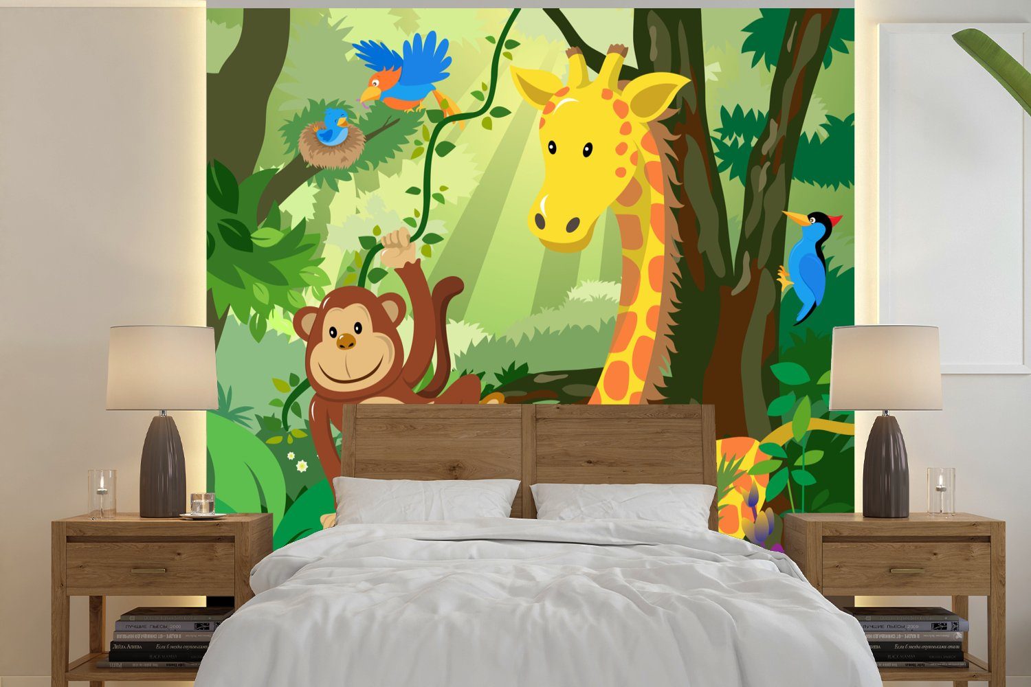 Dschungeltiere Tropisch Schlafzimmer Landschaft bedruckt, Matt, - Mädchen Wohnzimmer Fototapete - Vliestapete Fototapete - St), MuchoWow Küche, Kinder, Baby - (4 für -