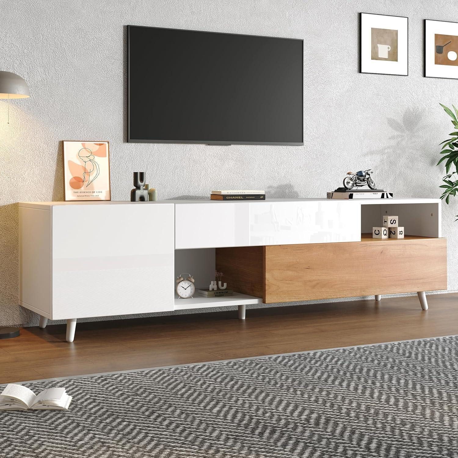 LuxusKollektion TV-Board Lowboard TV Hochglanz Tür Schublade Weiß und Naturfarbe(180x38x50cm)