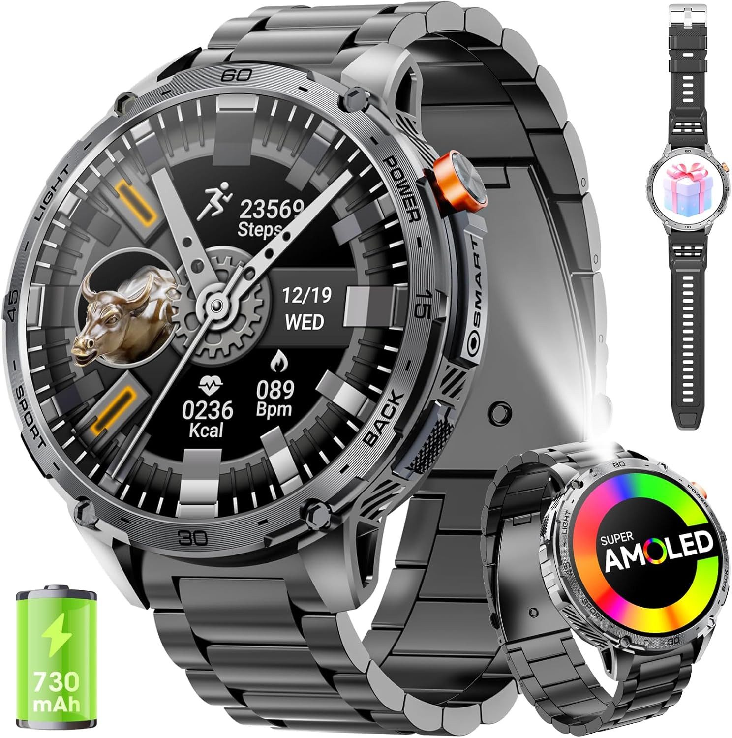 mingwear Smartwatch (4,6 cm, android ios), Smartwatch Herren mit 1,85 Zoll Display, 110 Sportmodi, 730mAh Akku