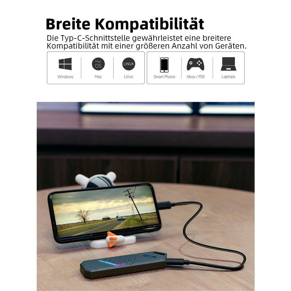 UnionSine Festplatten-Gehäuse UnionSine KEF102 M2 SSD-Gehäuse NVMe USB 3.2 Typ C Gen2 SSD-Gehäuse, für 2230, 2242, 2280