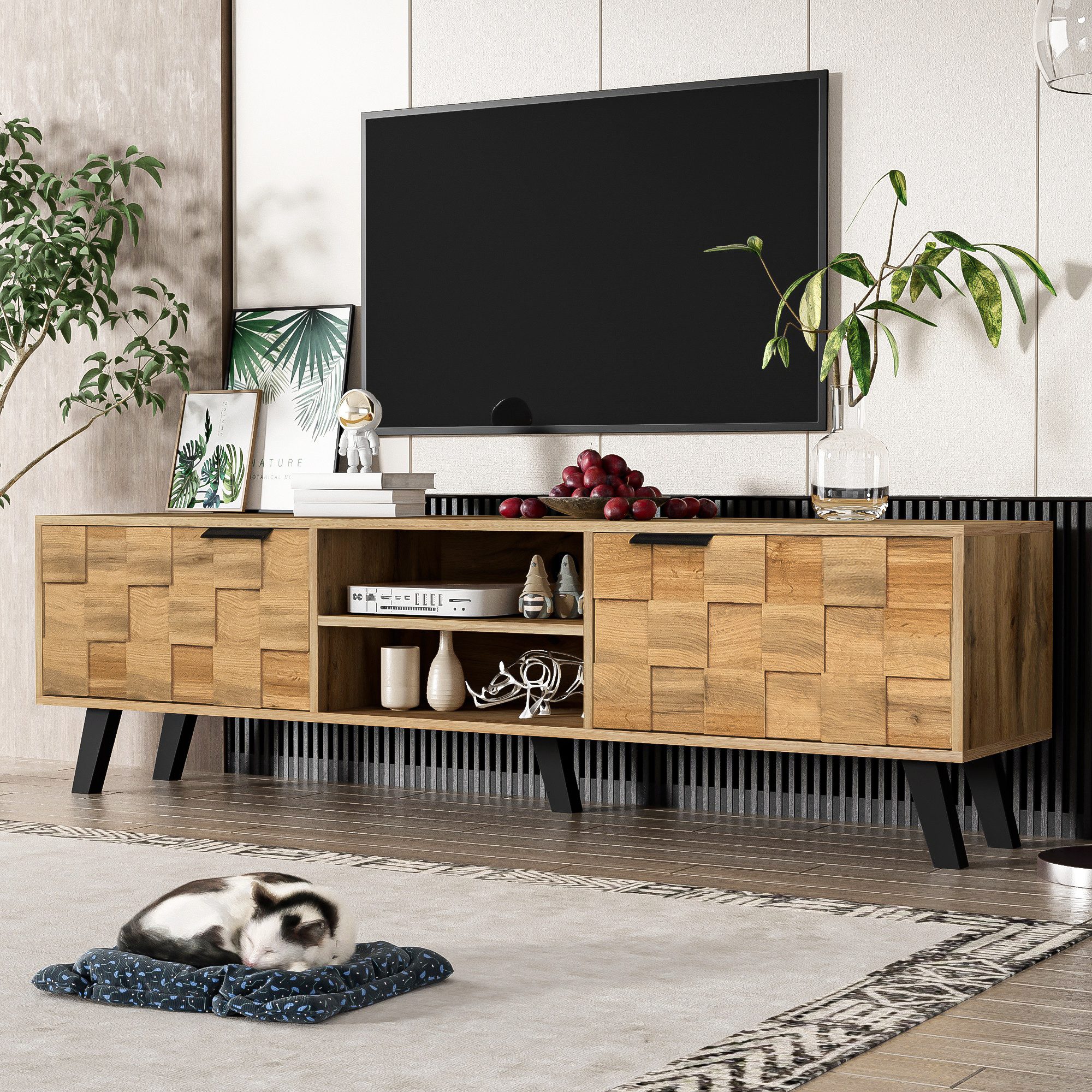 Lowboard mit Holzmaserungsdesign und dämpfenden Scharnieren