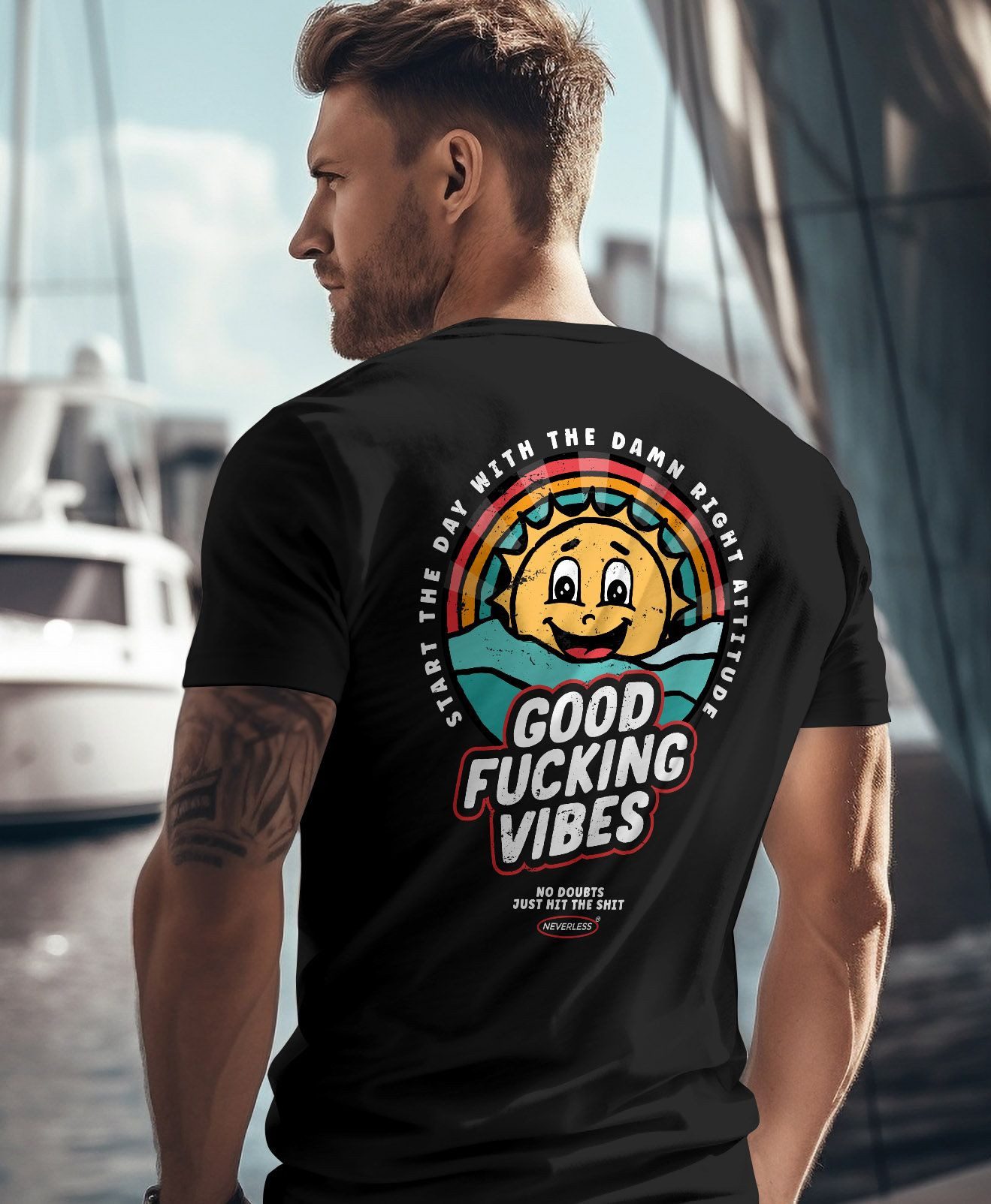 Neverless Print-Shirt Backprint TShirt Herren Good Vibes Schriftzug Sommer Sonne Retro mit Print – Bild 5 von 5