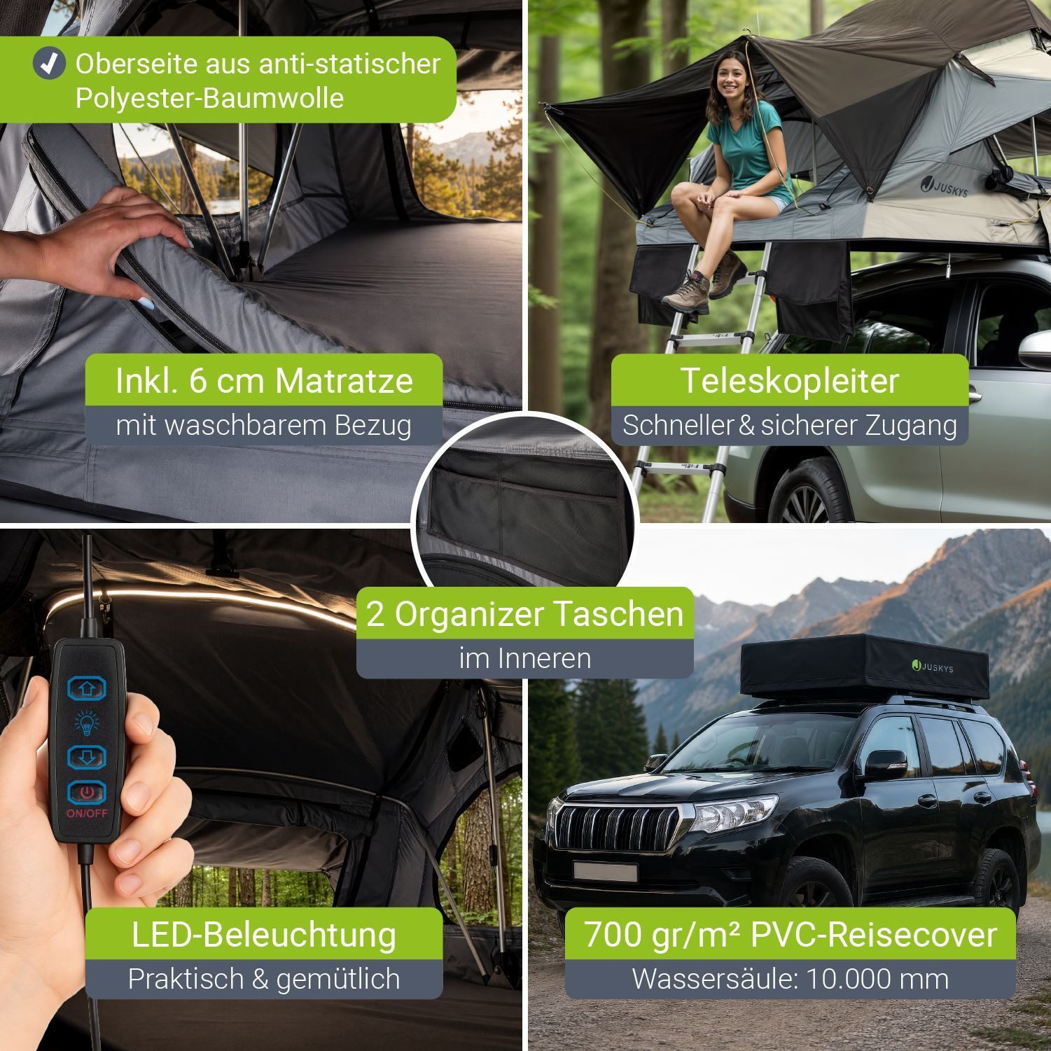 Juskys Dachzelt Lago, Wasserdicht, Teleskopleiter, 2 Personen Zelt, LED Beleuchtung